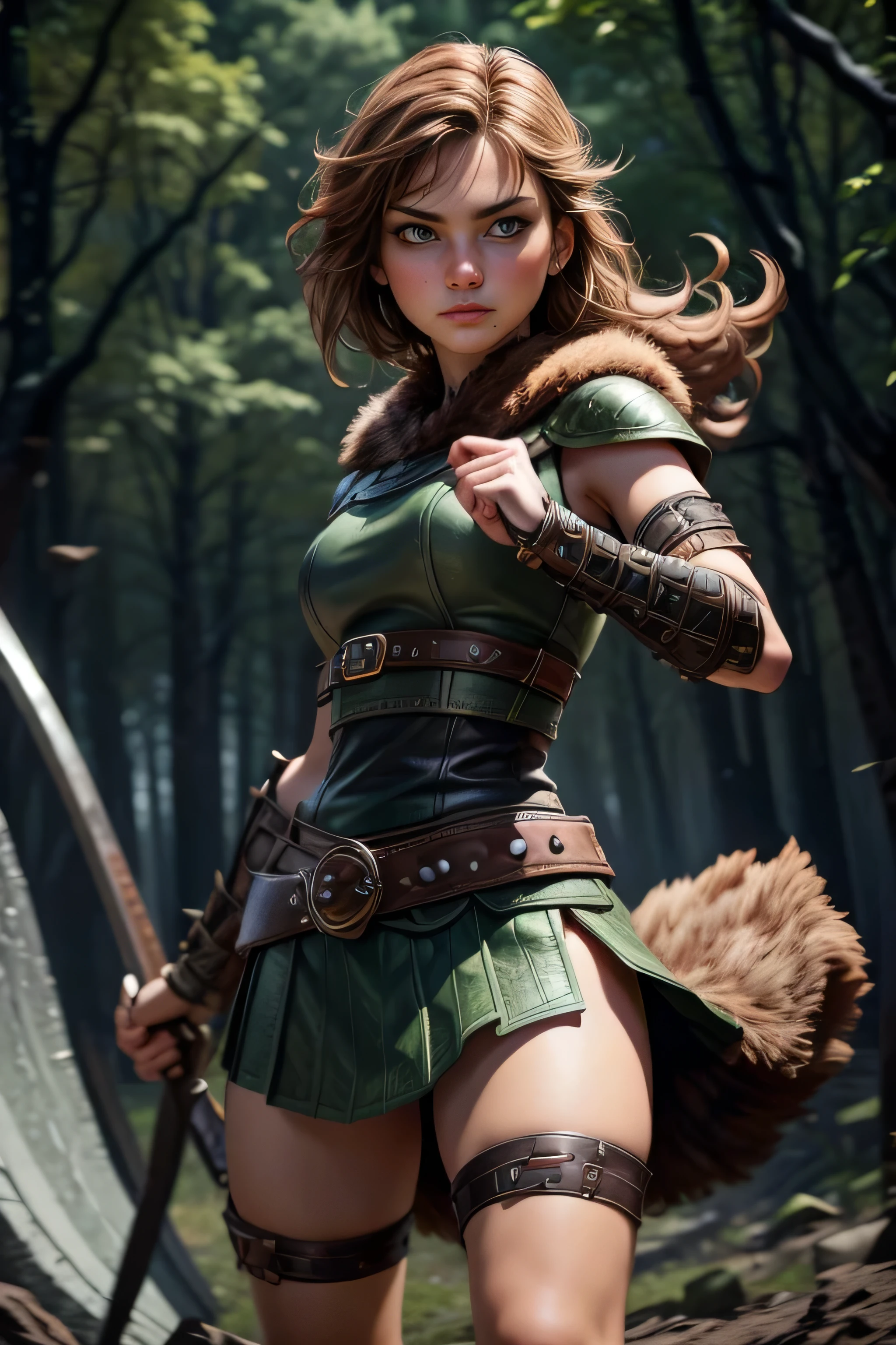 Young Viking woman , warrior, short brown hair, thick eyebrows, green eyes, leather armor, strappy leather top , fur skirt, fierce expression, heroic stance, looking at the camera , fierce expression, Combat stance, masterpiece , super detail, lyrics, Natural lighting, sharp focus, Epic character composition.