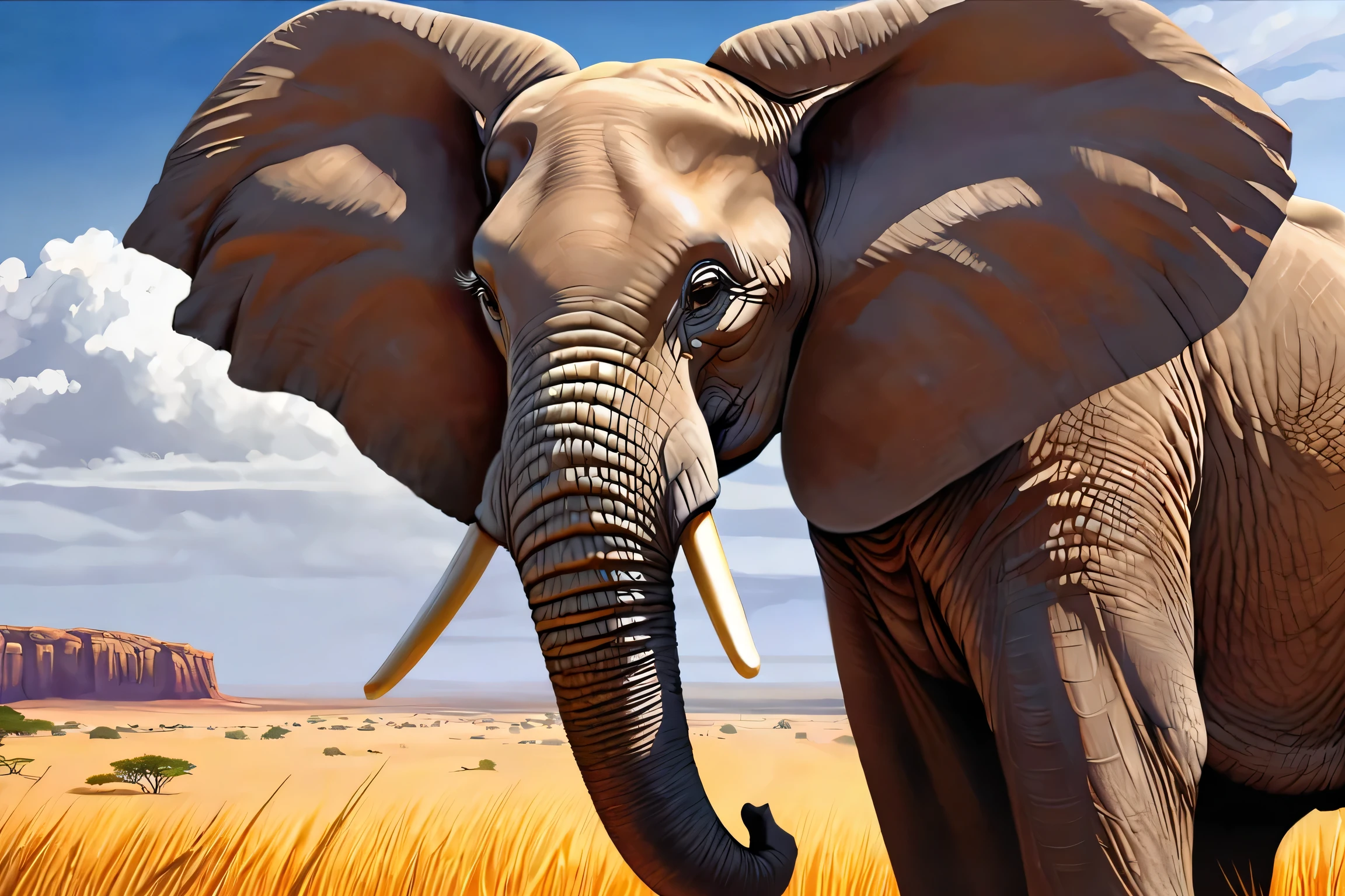 Authentic African elephant. Thick, gray skin with prominent wrinkles. Old, wrinkled, ancient, decrepit. Deep amber eyes. Wise face. Official Art – An Award-Winning Digital Masterpiece in 4K Ultra HD, Extreme Detail and Intricate Realism. Symmetrical face. This bright and colorful concept art brought to life by the hands of artists like Wlop & Artgerm in a stunning 2D vector illustration. Background is a panoramic vista.