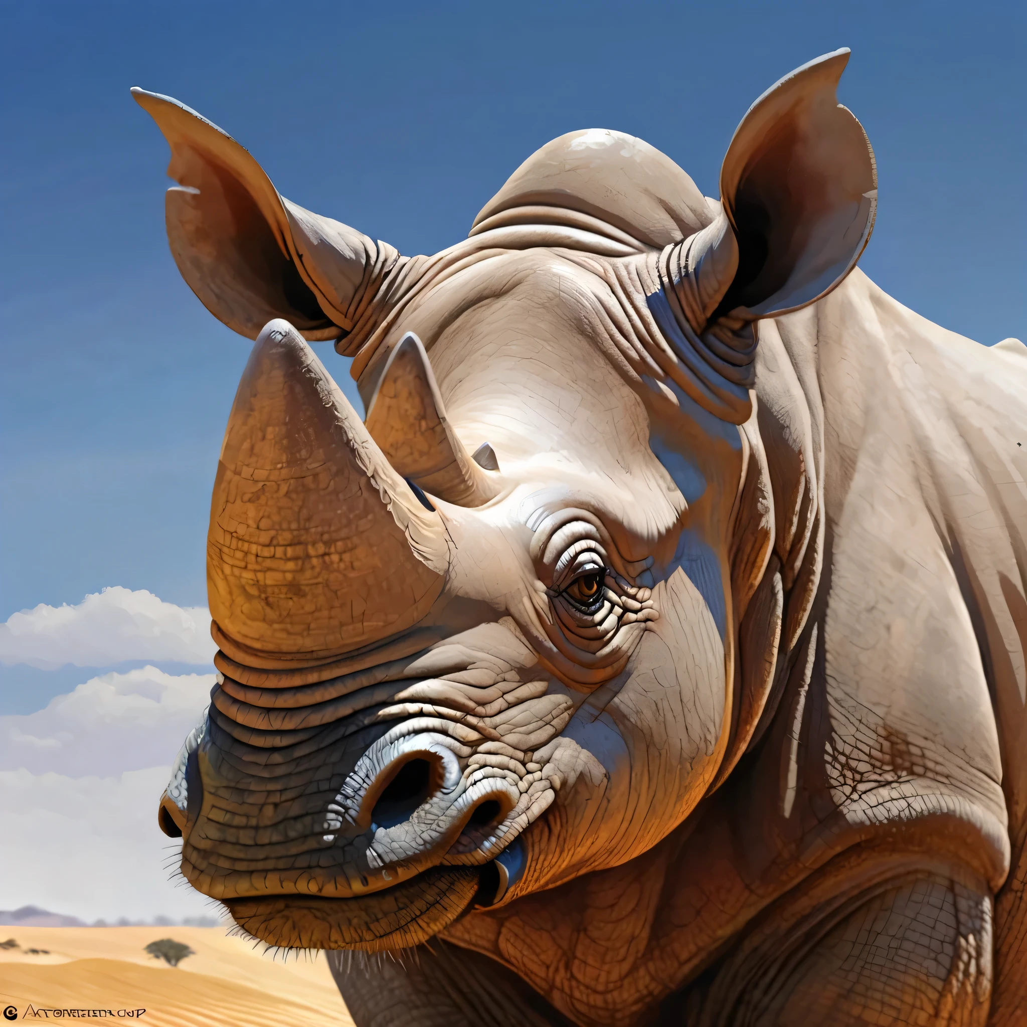 Authentic African rhinoceros. Thick, gray skin with prominent folds. Old, wrinkled, ancient, decrepit. Deep amber eyes. Wise face. Official Art – An Award-Winning Digital Masterpiece in 4K Ultra HD, Extreme Detail and Intricate Realism. Symmetrical face. This bright and colorful concept art brought to life by the hands of artists like Wlop & Artgerm in a stunning 2D vector illustration. Background is a panoramic vista.”