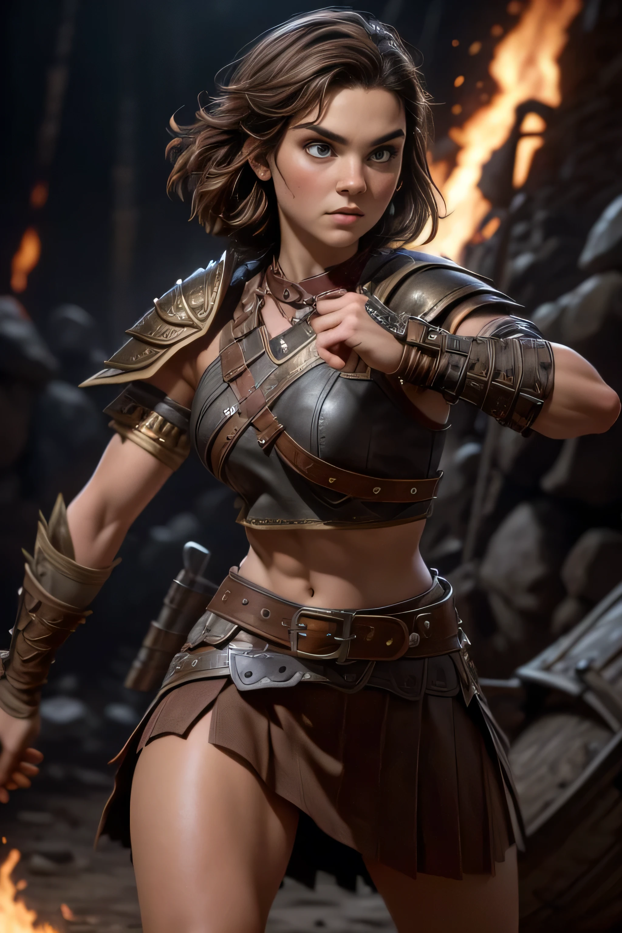  Young Viking woman , warrior, short brown hair, thick eyebrows, ojos marrones, brown leather armor,  strappy leather top , fur skirt, fierce expression, heroic stance,  looking at the camera , fierce expression, Combat stance,  masterpiece , super detail,  lyrics,  Natural lighting,  sharp focus, Epic character composition.