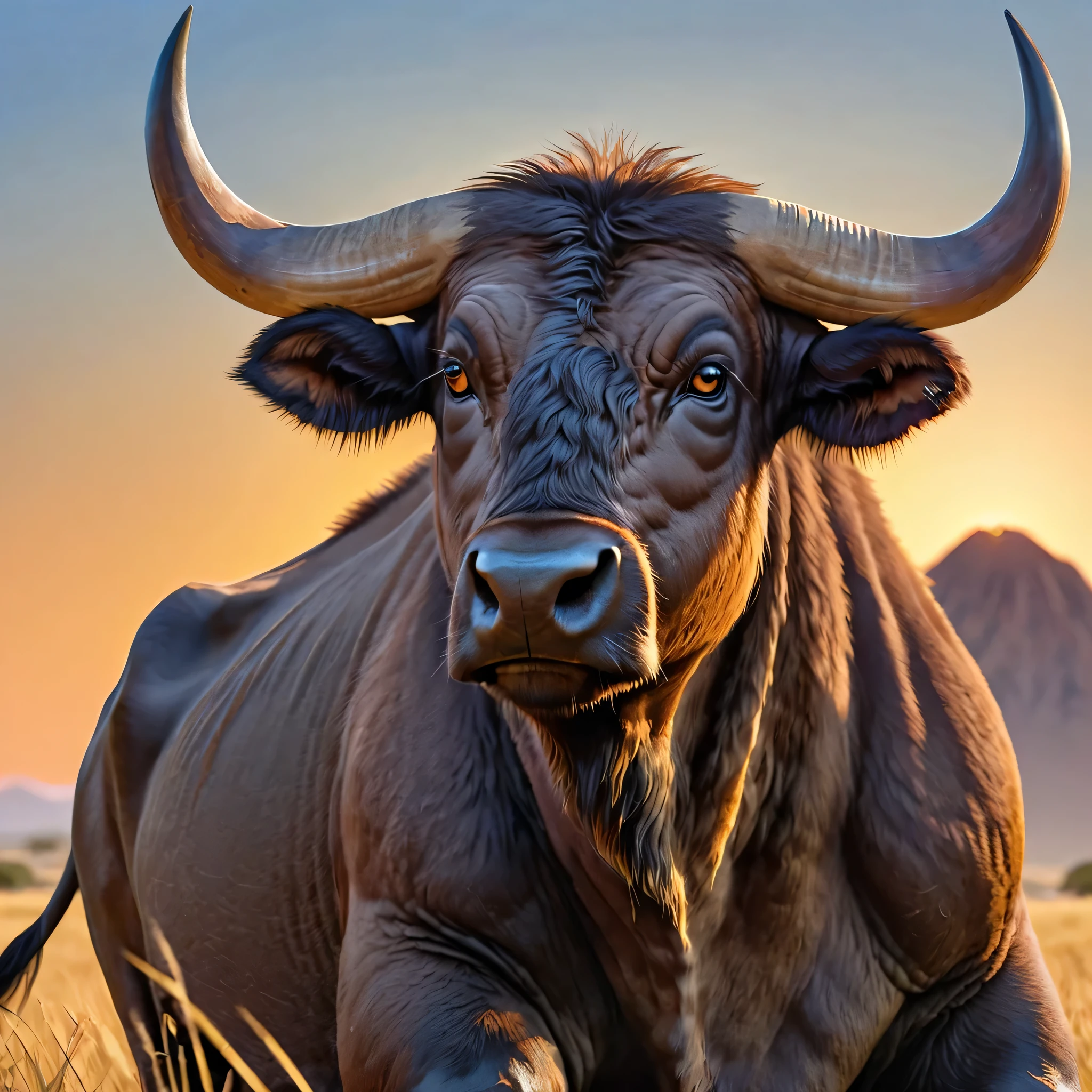 Authentic African buffalo. Robust build with a broad chest and sturdy limbs. Dark, coarse fur. Old, wrinkled, ancient, decrepit. Deep amber eyes. Wise face. Official Art – An Award-Winning Digital Masterpiece In 4K Ultra HD, Extreme Detail And Intricate Realism. Symmetrical face. This bright and colorful concept art brought to life by the hands of artists like Wlop & Artgerm in a stunning 2D vector illustration. Background is a panoramic vista.