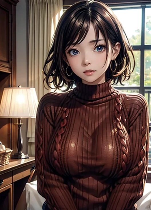 (table top, highest quality, High resolution, , perfect pixel, 4k,), 1 girl, single, alone, Beautiful woman、I could see the whole body、 ((wavy short hair, bangs, brown hair)), ((brown eyes, beautiful eyelashes, realistic eyes)), ((detailed face, blush:1.2)), ((smooth texture:0.75, realistic texture:0.65, realistic:1.1, Anime CG style)), medium breasts, dynamic angle, perfect body, ((, female teacher, , earrings、necklace、Beige turtleneck sleeveless sweater、dark blue long flared skirt、black knee high stockings、open both legs wide、、shy smile、sit at a desk in the classroom、touch your chest with both hands)), Upper grade、、、evening、、(Pink lace panties are visible、、、angle from below)、,detailed face, detailed eyes, detailed hands, elf woman, full body