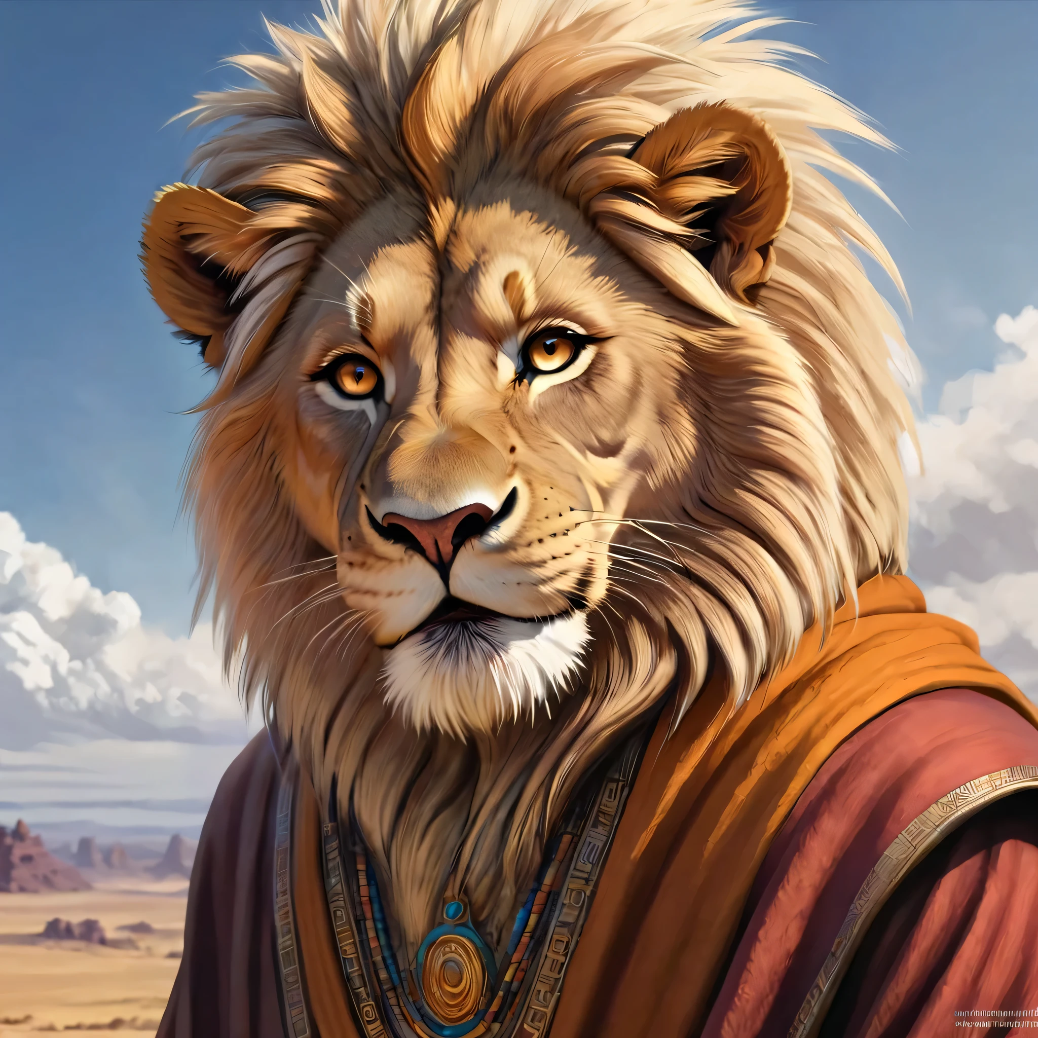 “Anthropomorphic geriatric African lion monk. Golden fur. Old, wrinkled, ancient, decrepit. Deep amber eyes. Wise face. Wizened. Long detailed fingers. Official Art – An Award-Winning Digital Masterpiece In 4K Ultra HD, Extreme Detail And Intricate Realism. Symmetrical Face. This bright and colorful Concept Art Brought To Life By The Hands Of Artists Like Wlop & Artgerm In A Stunning 2D Vector Illustration. Background Is A Panoramic Vista.”