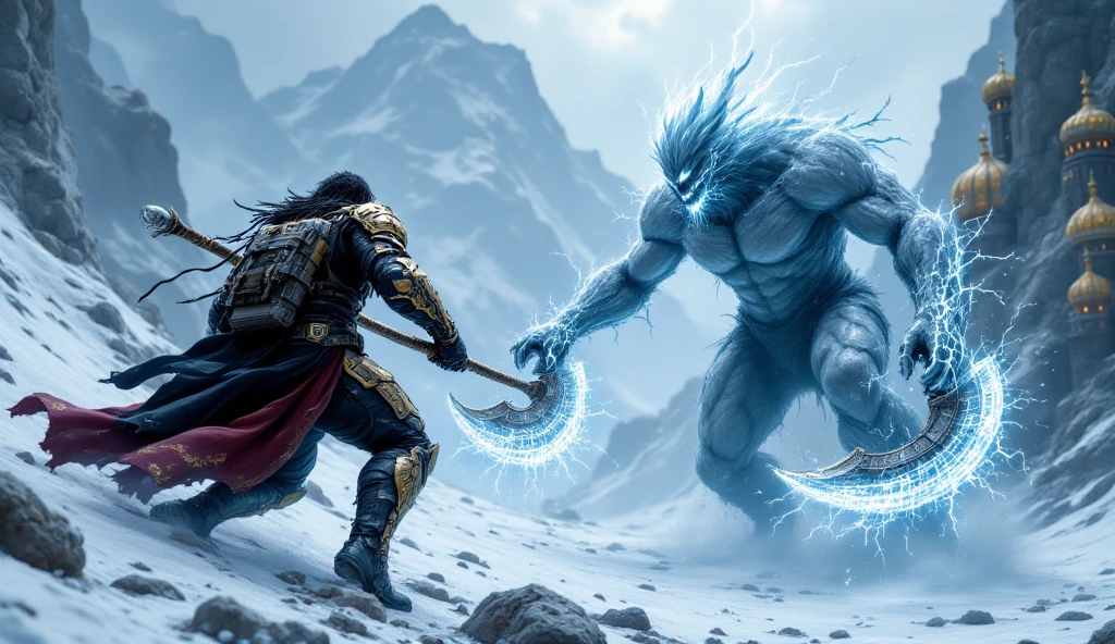 "Tan in black and gold armor , with blue runes burning , attacks the ice giant , waving their massive axes . The axe blades glow in neon red , leaving traces of energy . In the background, you can see snow-capped mountains and a futuristic Scandinavian city with golden domes and shining bridges, with ice runes covered ."