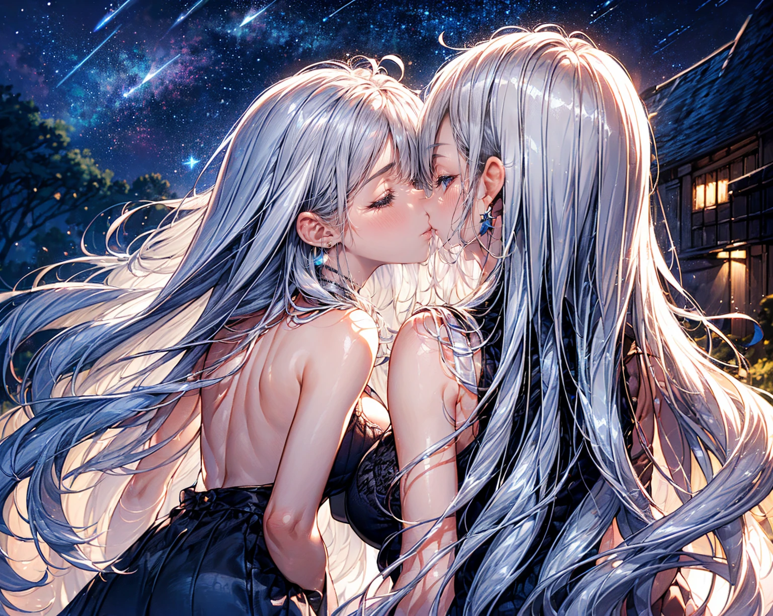 Depth of bounds written, detailed eye, ((CG illustration)), ((face focus)), ((masterpiece)), ((8K)), ((super detailed)), ((Super high quality)), ((cinematic)), ((Photoreal)), ((close up shot)), (solo), (cool girl), very long hair, straight hair, (((thin body))), Glossy skin, ((look away)), (Beautiful goth girl with high cheeks and legs), Gothic makeup, clear eyes, lipstick, dark eye shadow, ((No bra)), choker, earrings, provoke, night, ((full moon)), ((Functional)), Lonely, Visual kei, ((pastel colour)), Unwound clothes, forget, kiss, White Knight, dark, silence