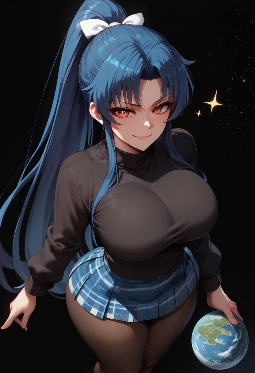 1 girl, solo, Meiya, Meiya Mitsurugi, muvluv, large breasts, large hips, small waist, large thighs, smug, red eyes, blue hair, high ponytail, white ribbon, very long hair, wearing black sweater, wearing blue plaid skirt, wearing pantyhose, ((outer space, black background, stars)), ((from above)), planet size, holding earth \(planet\),