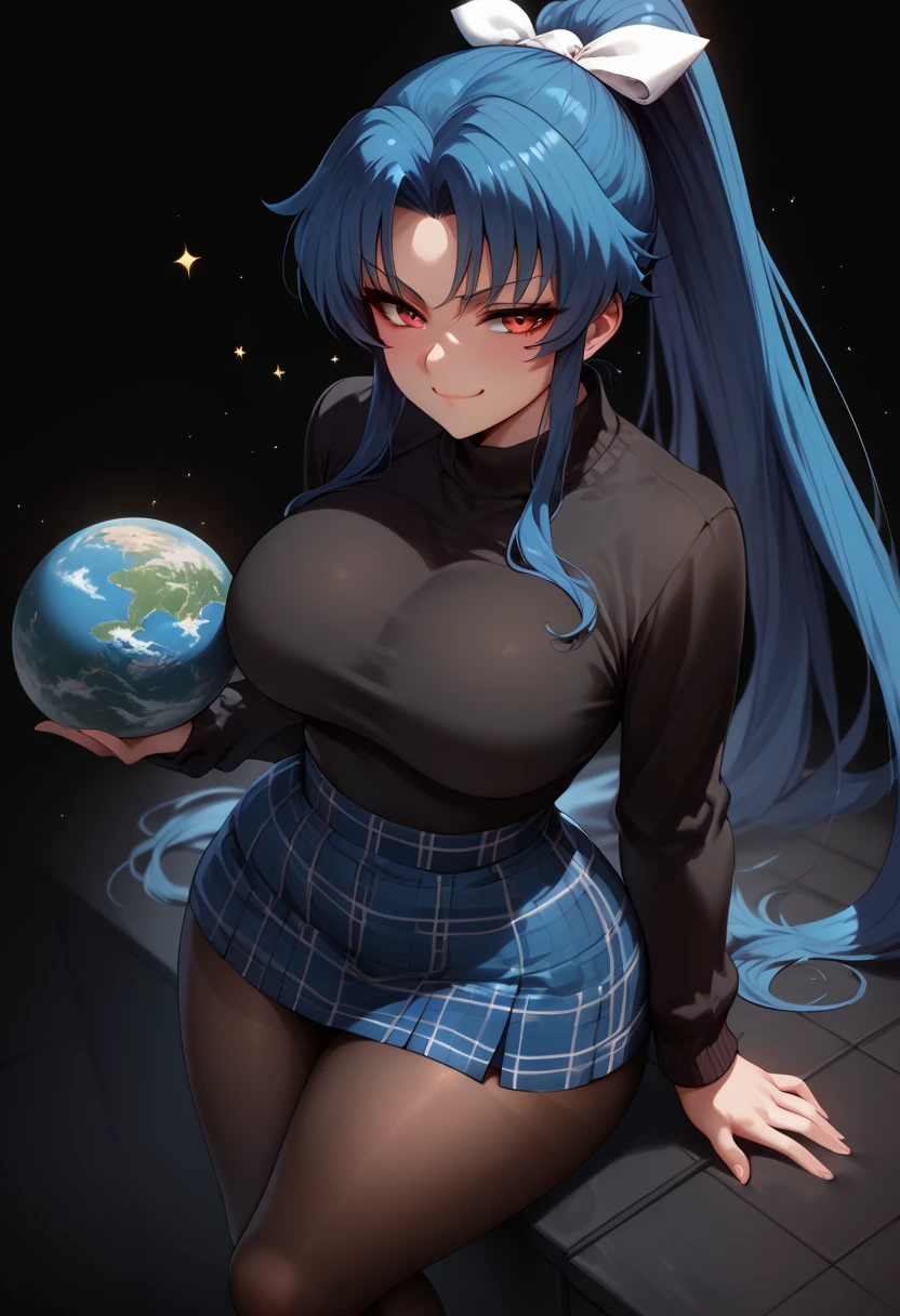 1 girl, solo, Meiya, Meiya Mitsurugi, muvluv, large breasts, large hips, small waist, large thighs, smug, red eyes, blue hair, high ponytail, white ribbon, very long hair, wearing black sweater, wearing blue plaid skirt, wearing pantyhose, ((outer space, black background, stars)), ((from above)), planet size, holding earth \(planet\),