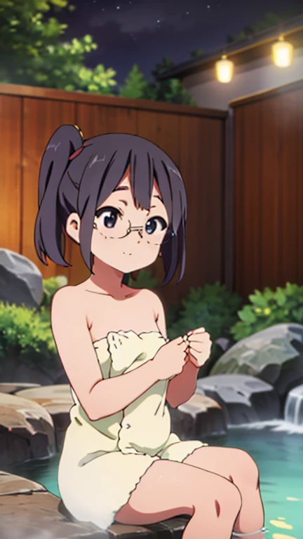 from above, best quality, masterpiece, (portait), (open arms:1.2), 1girl, uchiha sarada, black hair, short hair, red framed glasses, (bikini:1.1), (collarbone, sleeveless:1.2), outdoors