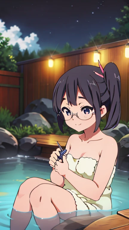 grace_(pokemon), mature woman, (1girl, solo:1.2), (masterpiece:2.0), (high resolution), medium breasts, no bra, sagging breasts, topless, white towel, glasses, sitting in onsen, onsen background, take your clothes off, white panties, cleavage, blush, eye wrinkle, smile, looking at viewer