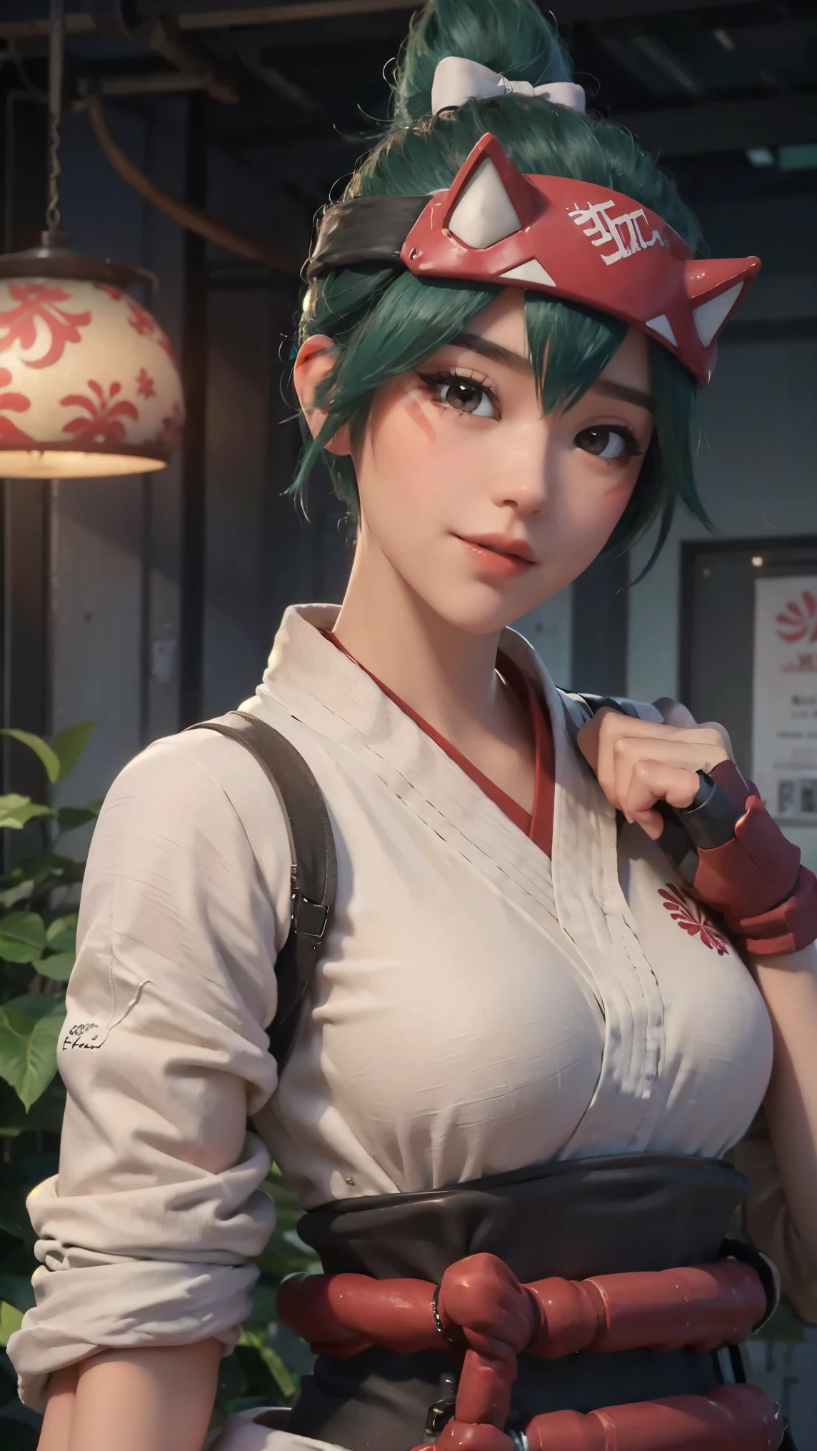 Kiriko,(best qualityer,4K,8k,high resolution,work of art:1.2)(weather: cloudy), mech facility background, mech garden, white cropped kimono top, elbow long sleeves, belt, side open hakama pants, mechanic gloves, mechanic harness, mechanic boots, eyeliner, short wavy hair, green hair, ultra detailed, realistic, portrait,beautiful detailed hazel brown eyes, glowing eyes,blush,beautiful detailed lips,extremely detailed eye and face, long eyelashes, sexy,average, large breasts,beaming smile, flirty smile,powerful girl, sexy pose, stunning curves,bright coloured,dramatic lighting, fox spirits,