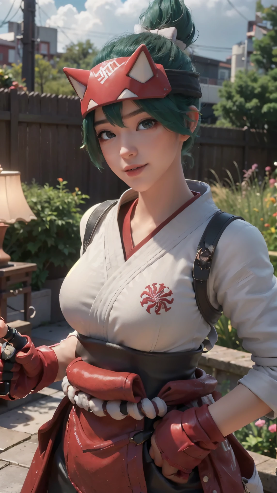 Kiriko,(best qualityer,4K,8k,high resolution,work of art:1.2)(weather: cloudy), mech facility background, mech garden, white cropped kimono top, elbow long sleeves, belt, side open hakama pants, mechanic gloves, mechanic harness, mechanic boots, eyeliner, short wavy hair, green hair, ultra detailed, realistic, portrait,beautiful detailed hazel brown eyes, glowing eyes,blush,beautiful detailed lips,extremely detailed eye and face, long eyelashes, sexy,average, large breasts,beaming smile, flirty smile,powerful girl, sexy pose, stunning curves,bright coloured,dramatic lighting, fox spirits,