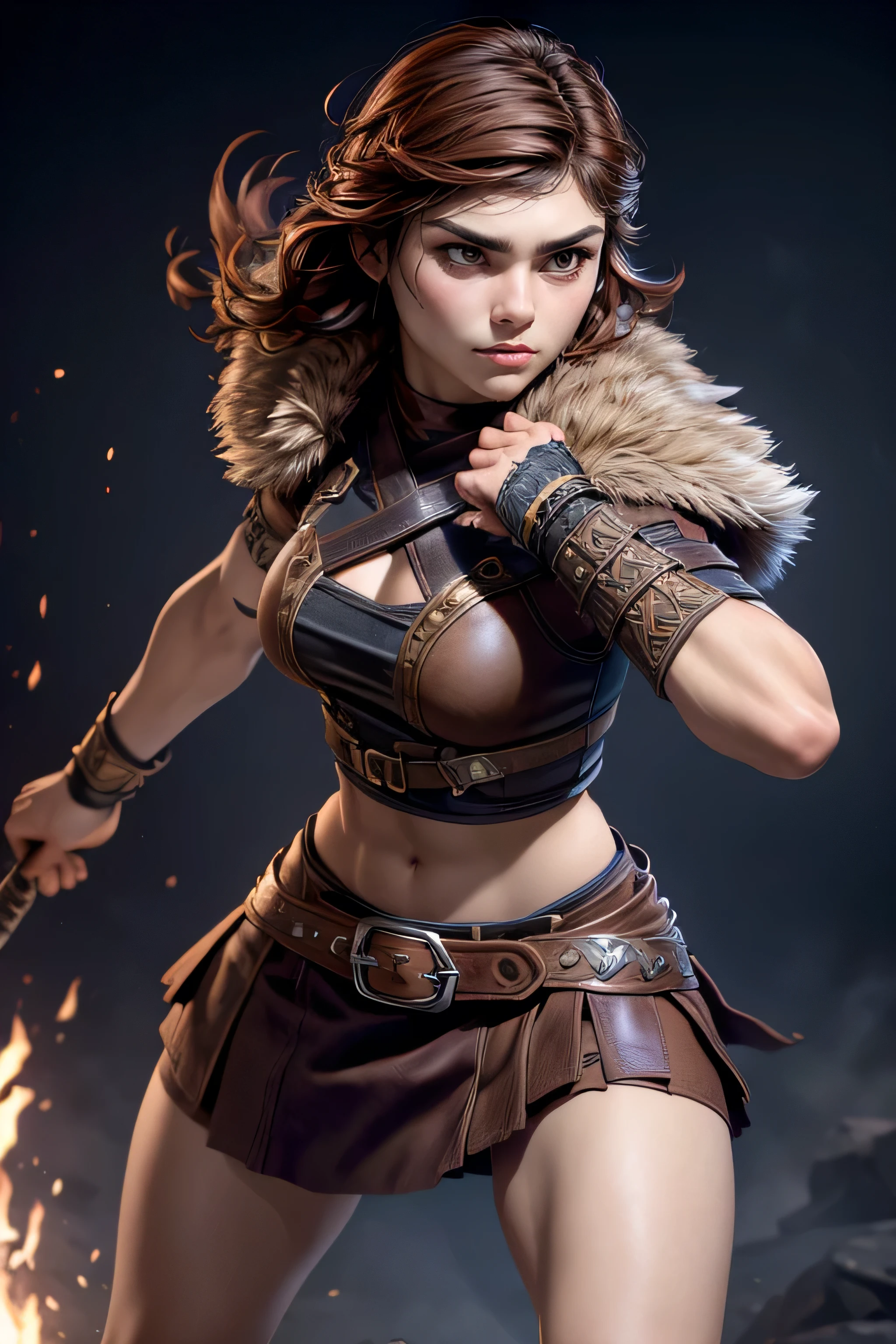 Young Viking woman , warrior, short brown hair, thick eyebrows, brown eyes, brown leather armor, strappy leather top , fur skirt, fierce expression, heroic stance, looking at the camera , fierce expression, Combat stance, masterpiece , super detail, lyrics, Natural lighting, sharp focus, Epic character composition.