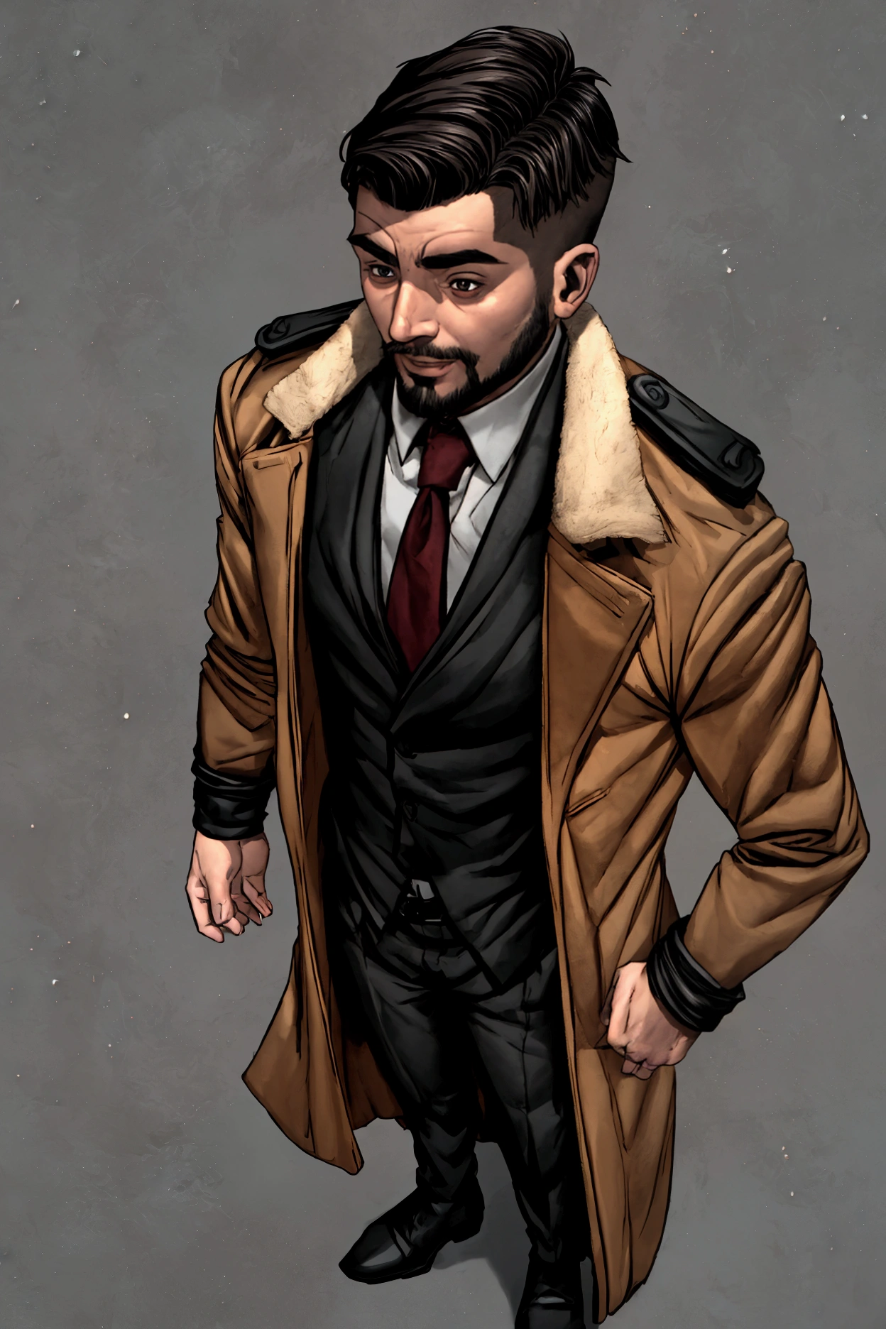 Man with a thin face , Sophisticated and beautiful, with fair skin and goatee looking out of nowhere . She has a beautiful smile on her side , big dark eyes,  and thick, misaligned eyebrows . The hair is brown,  short on the sides and messy on the top .  His body has a slightly curved posture .  He wears an old long and flowing overcoat in the vampire style,  made of velvet and black silk , with details on the lining.  The piece has a tall and structured lapel , aged buttons .  Above a slightly open t-shirt ,  wears a bulletproof vest .  Doesn't wear a tie and carries a silver bracelet .  The style is inspired by  "Paranormal Order".