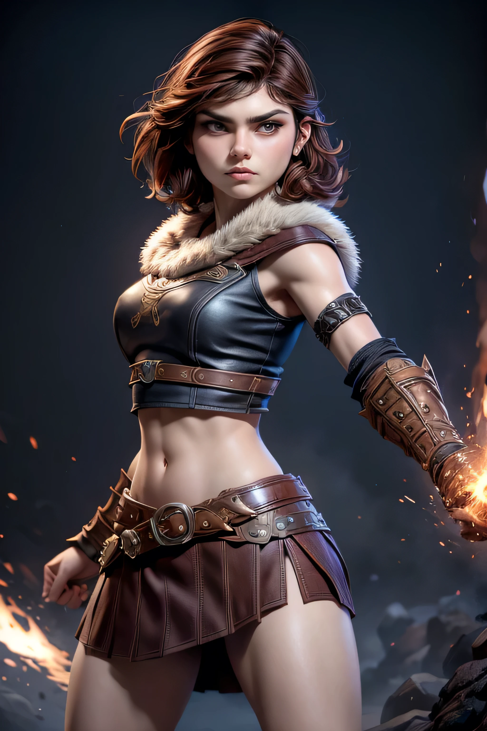 Young Viking woman , warrior, short brown hair, thick eyebrows, brown eyes, brown leather armor, strappy leather top , fur skirt, fierce expression, heroic stance, looking at the camera , fierce expression, Combat stance, masterpiece , super detail, lyrics, Natural lighting, sharp focus, Epic character composition.