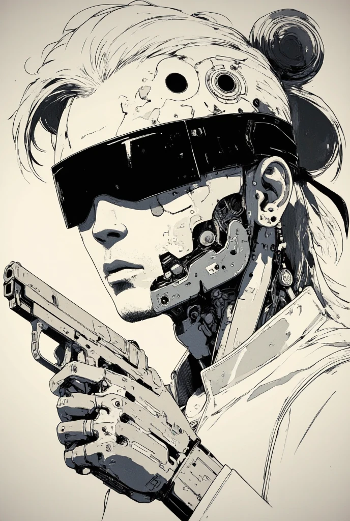 A close-up sketch of a cyberpunk man with a black blindfold, holding a pistol in his hand. Half of his face is mechanical, featuring intricate cybernetic details. The drawing is in a black and white rough manga style, inspired by Kentaro Miura and Sugimura Jihei, with sharp and expressive linework. The composition emphasizes the gun and the tension of the moment, reminiscent of the dynamic style seen in 'Black Lagoon' and 'Trigger' anime. The character has an intense expression, with the raw and detailed aesthetic of classic manga illustrations