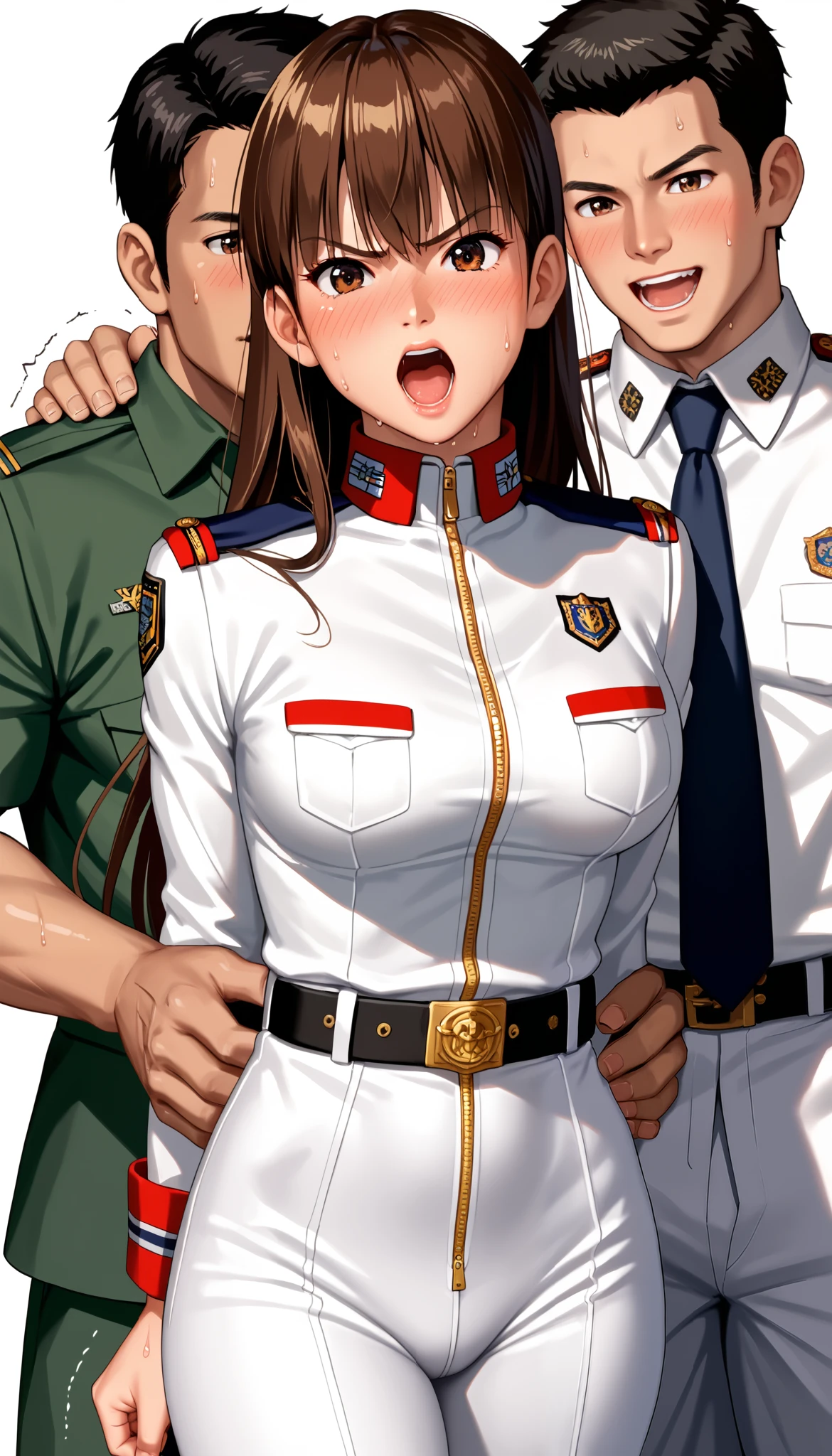 DOALeiFang, LeiFangDOA, girl:2.0, uniform, smooth white tight clothing, girl wearing wet white uniform, partially undressed:1.4, open zipper:1.5, gasp, Captured by men:1.8, Captive, Surrounded by men:1.5, Attacked by men:1.7, Many men:1.5, Man grabs her arm:1.6, Man attacks from behind:1.7, Man grabs her leg:1.5, Men Swarm 1:5, Man hands on her waist:1.8, be breathless, sweat, sparkling sweat, trembling, (long brown straight hair:1.4), brown eyes, breasts, [[angry]], blush, {anguish}, {{shameful}},