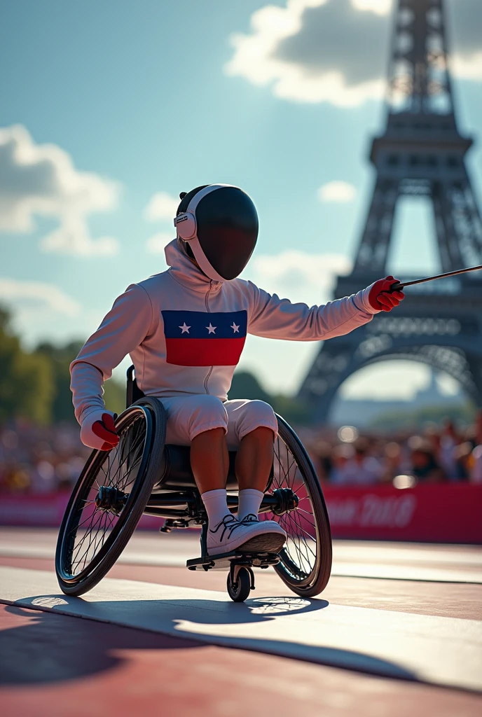 Close-up of Hands, hands of (Fencing) Athlete, exaggerate caricature poster, in the olympics, Eiffel tower in the background, the words"Paris 2024", joyful chaos, a modern take on classic mythology, vibrant illustration, (best quality, masterpiece, photorealistic), very aesthetic, perfect composition, intricate details, ultra-detailed, vivid colors