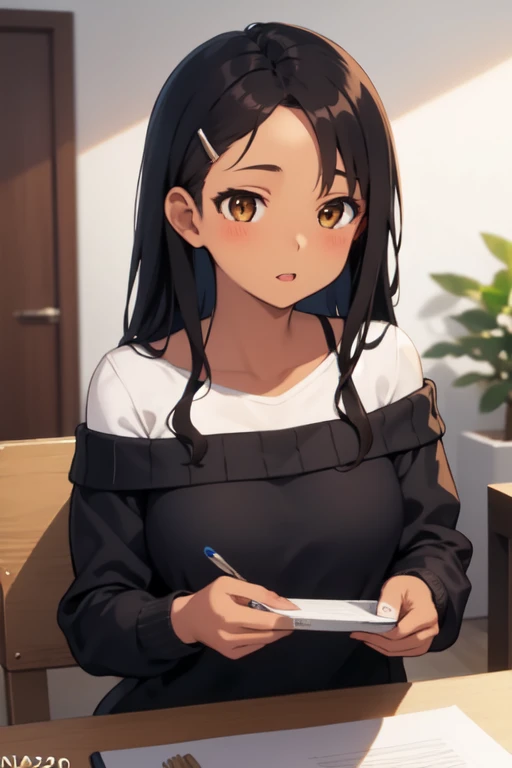 ((best quality)), ((masterpiece)), (detailed), 1girl, off-shoulder sweater, nagatoro hayase, brown eyes, dark-skinned female, tan, black hair, hairclip, earclip, hair ornament, long hair
