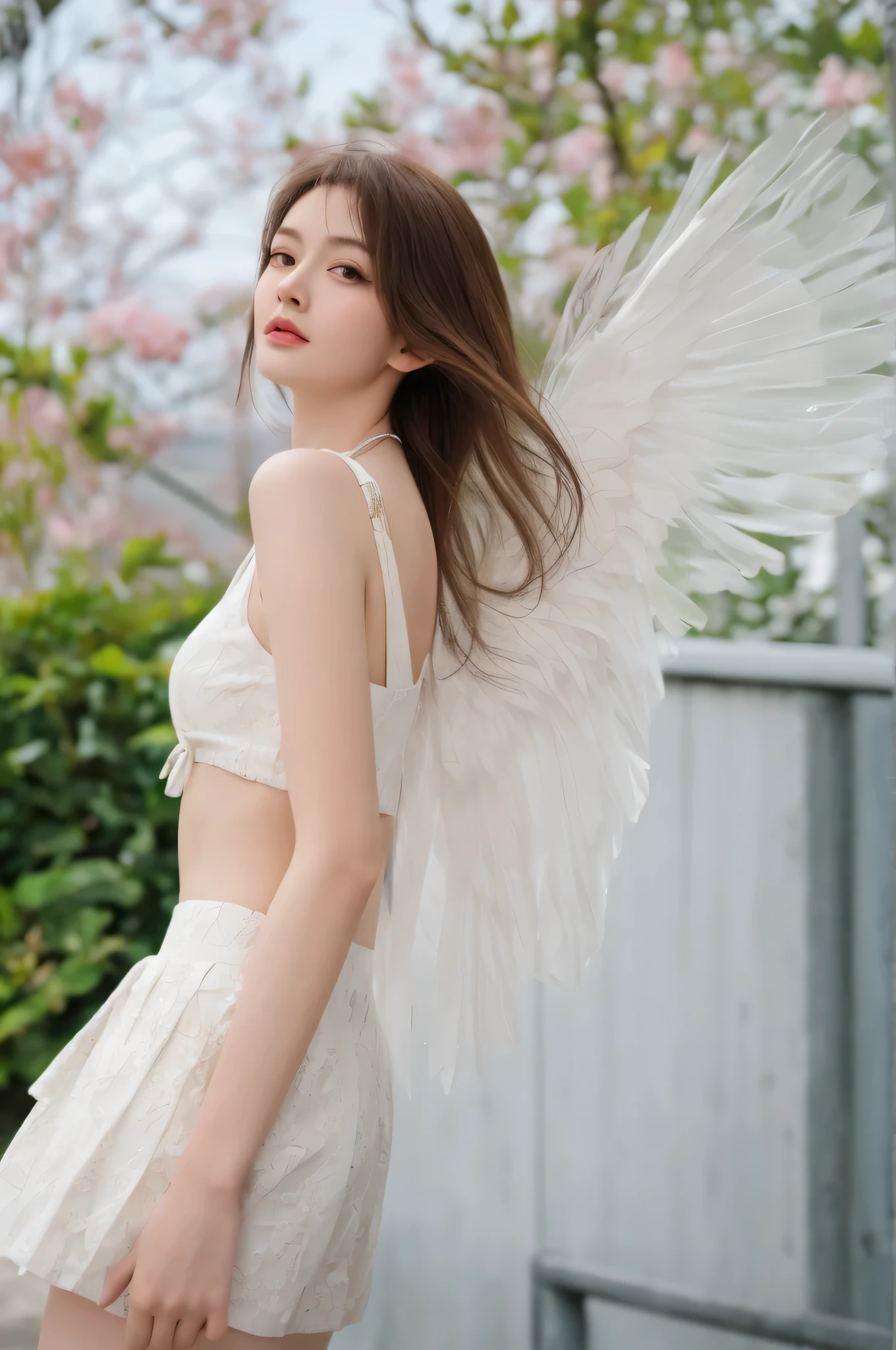   High Resolution  ,  Best Quality,  masterpiece,  Ultra HD,  Ultra HD, Hyper-Reality, 3d,  Japanese cartoons, illustration,  unique , Very pretty and lovely woman in her twenties, She was wearing a light white floral mini skirt，Fluttering wings, Her hair is swaying, whole body,  perfect body proportions,  #1: Shiny Light Brown Medium Hair , High-level cutting,  mackerel hairstyle ,  bright blue eyes ,  happy , Shy