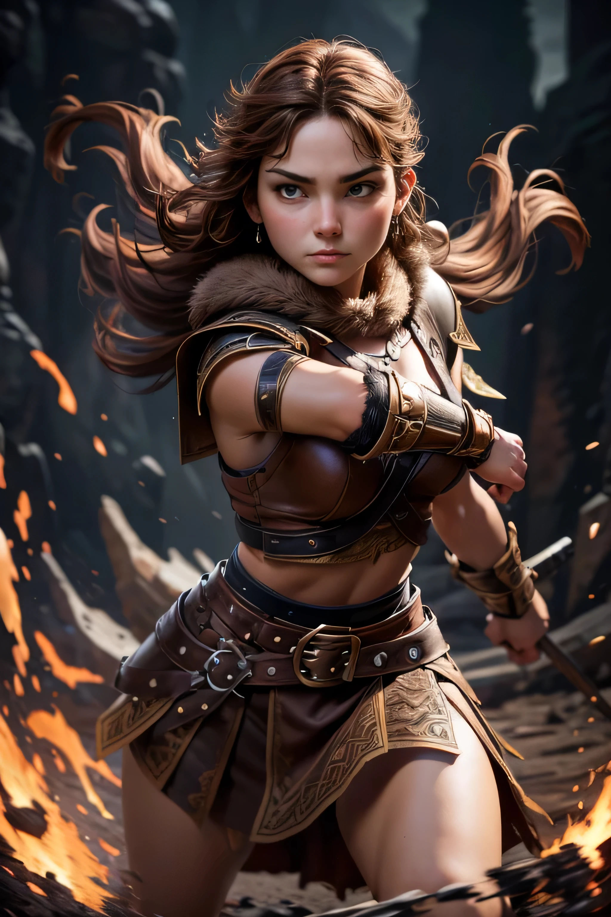 Young Viking woman , warrior, short brown hair, thick eyebrows, brown eyes, brown leather armor, strappy leather top , fur skirt, fierce expression, heroic stance, looking at the camera , fierce expression, Combat stance, masterpiece , super detail, lyrics, Natural lighting, sharp focus, Epic character composition.