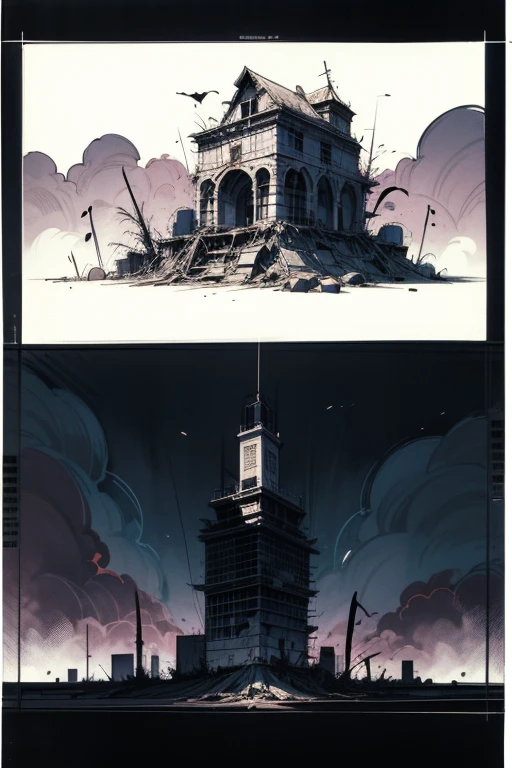 scenery only: medieval kingdom city, post zombie apocalypse, abandoned ruined overgrown, toxic debris filled air, thick dark clouds,

Hand drawn, sketchy line thick to thin, simplistic comic book graphic novel manga style, sketchy thick lined border panel box outline, paled high contrast colors, minimalist art style