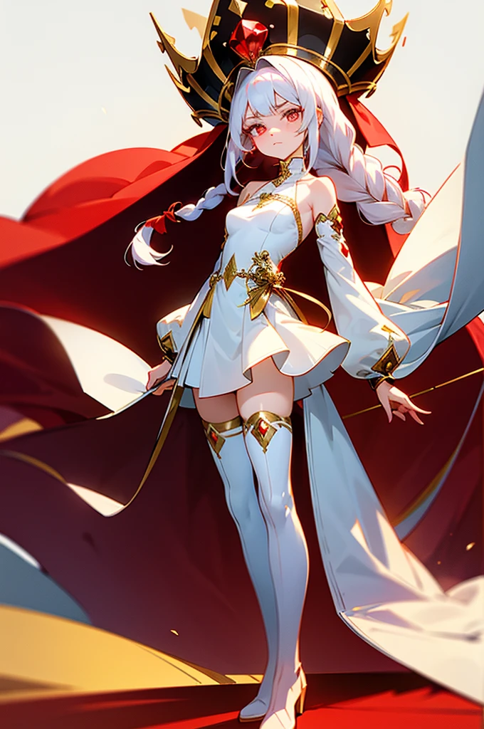 "Epic desert daylight atmosphere, stunning 4k artwork showcasing an elegant milf with her white hair tied up. Her deep red eyes pierce through the scene as she gracefully dons a white heroine cloak and hood in the midst of the vast desert. Her eyes closed two"