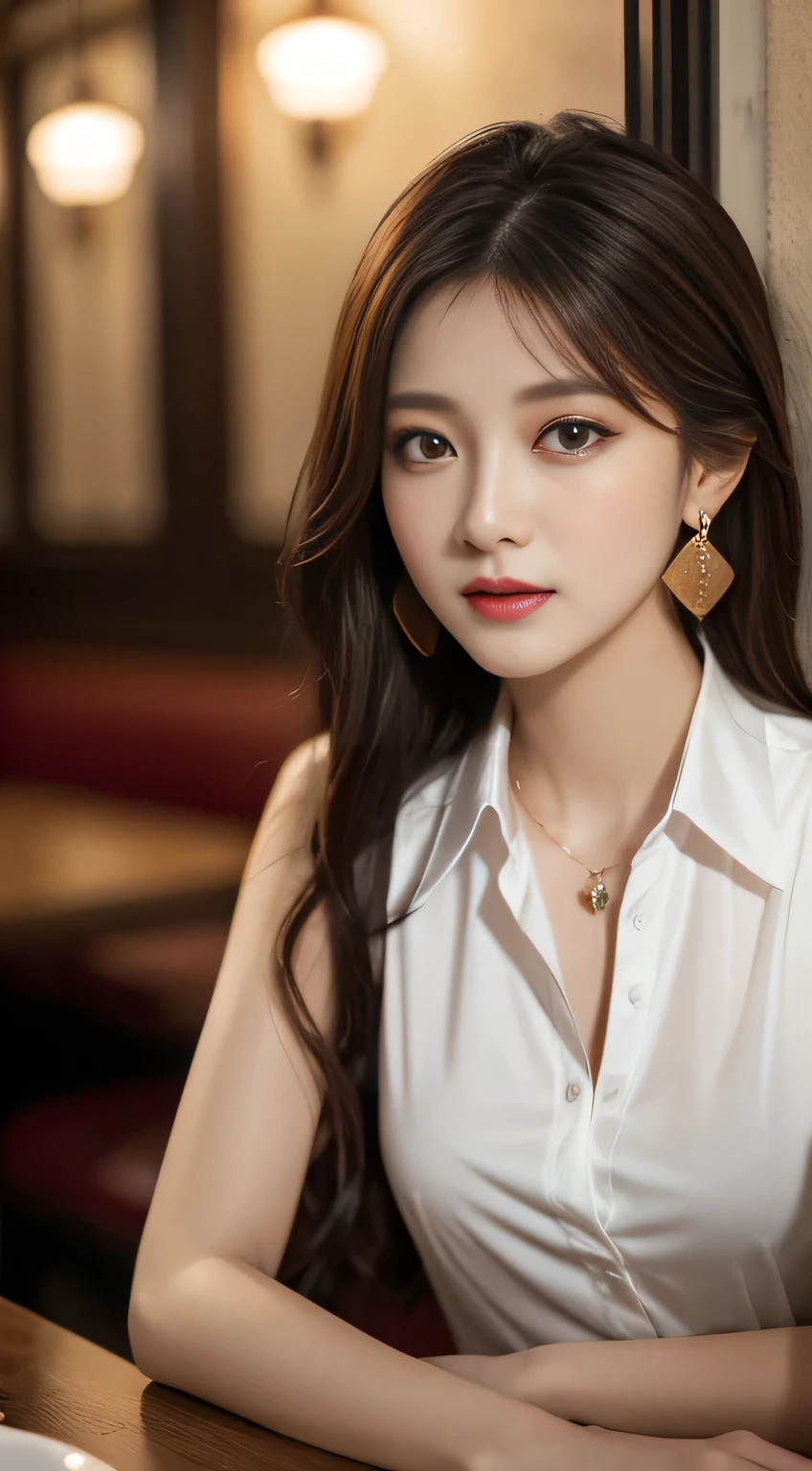 masterpiece, Highest quality, Realistic, Very detailed, Finer details, High resolution, 8k wallpaper, One beautiful woman, Wear a pretty colored silk shirt, In a great restaurant, At night, Light brown messy hair, Perfect dynamic composition, Beautiful and beautiful eyes、Big earrings、chest、Sleeveless shirt、