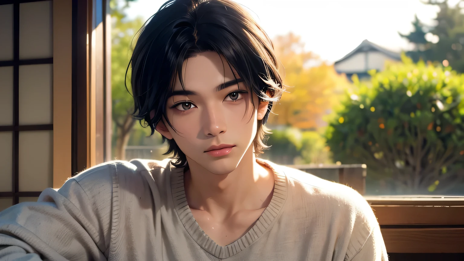 　young man handsome　 Japanese　 eyes are narrow　 black hair　I'm wearing a sweater that looks warm　　 sunlight shines in 