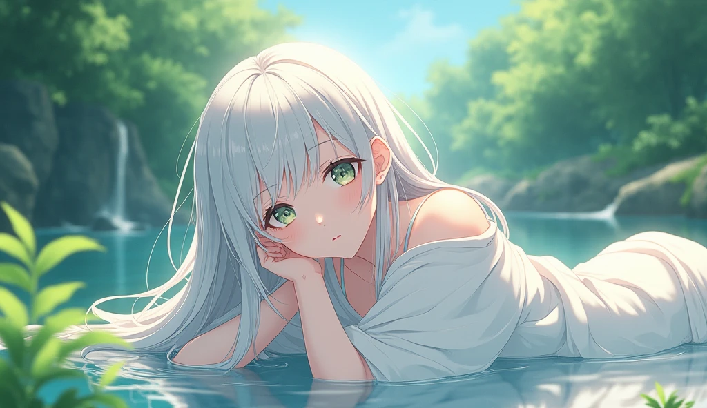 (1girl:1.15), (solo:1.2), (loli:1.3),(white hair:1.2), crossed bangs, (very long hair:1.1), (hair slicked back:1.25), (hair over shoulder:1.25), wet hair, red eyes, (shy:1.3), nose blush, blush, (ear blush:1.25), (no bra:1.2), upper body, (facing away:1.25), (looking over shoulder:1.25), Not wearing clothes, (bathe:1.3), (covering breasts:1.15), (convenient arm:1.15), (lake:1.1), beautiful detailed water, petals on liquid, peach blossom, beautiful detailed sky, (blurry foreground:1.1), (panorama:1.2), (distant view:1.2), ray tracing, lens flare, masterpiece, best quality