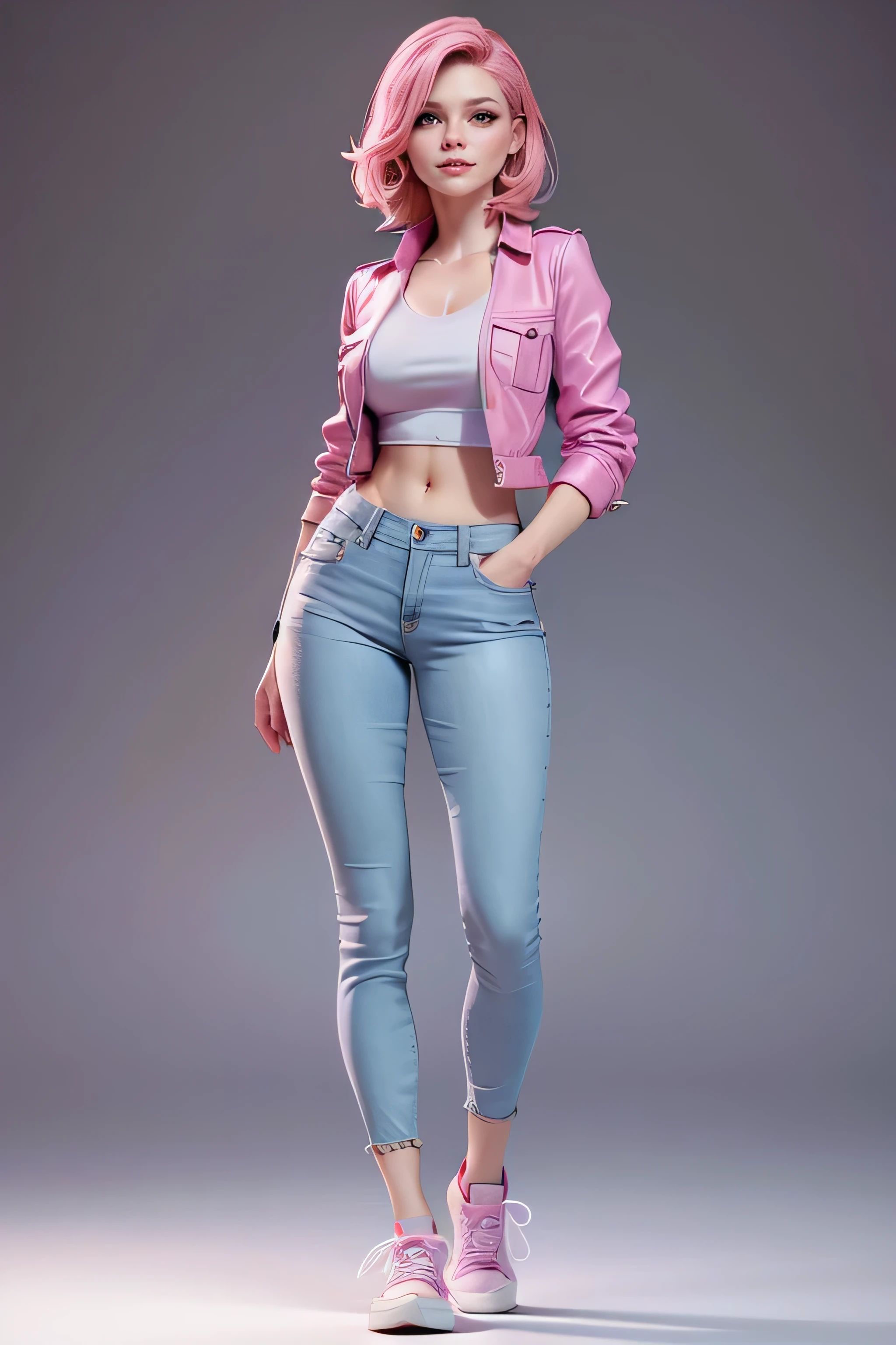 Young woman, light pink hair, violet eyes, ironic smile, blush, super model, short jacket, well-fitting blouse , tailored jeans , classic sneakers, magnificent anatomy , Dynamic Pose , face to the camera, masterpiece , super detail, lyrics, natural lighting , sharp focus, plain white background , without patterns, No textures.