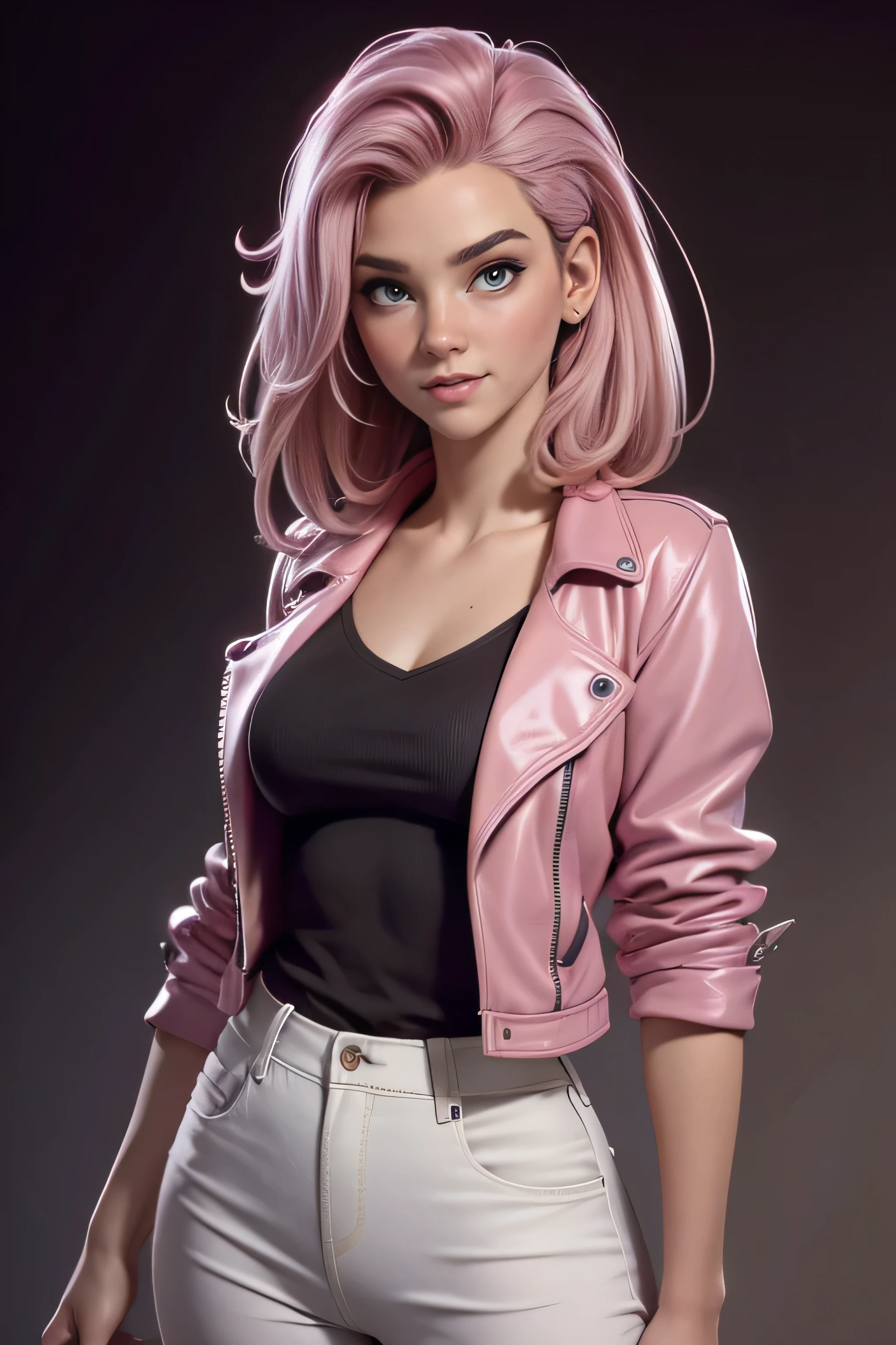 Young woman, light pink hair, violet eyes,  ironic smile, blush, super model, short jacket,  well-fitting blouse , tailored jeans ,  classic sneakers, magnificent anatomy ,  Dynamic Pose , face to the camera,  masterpiece , super detail,  lyrics,  natural lighting ,  sharp focus,  plain white background , without patterns, No textures.