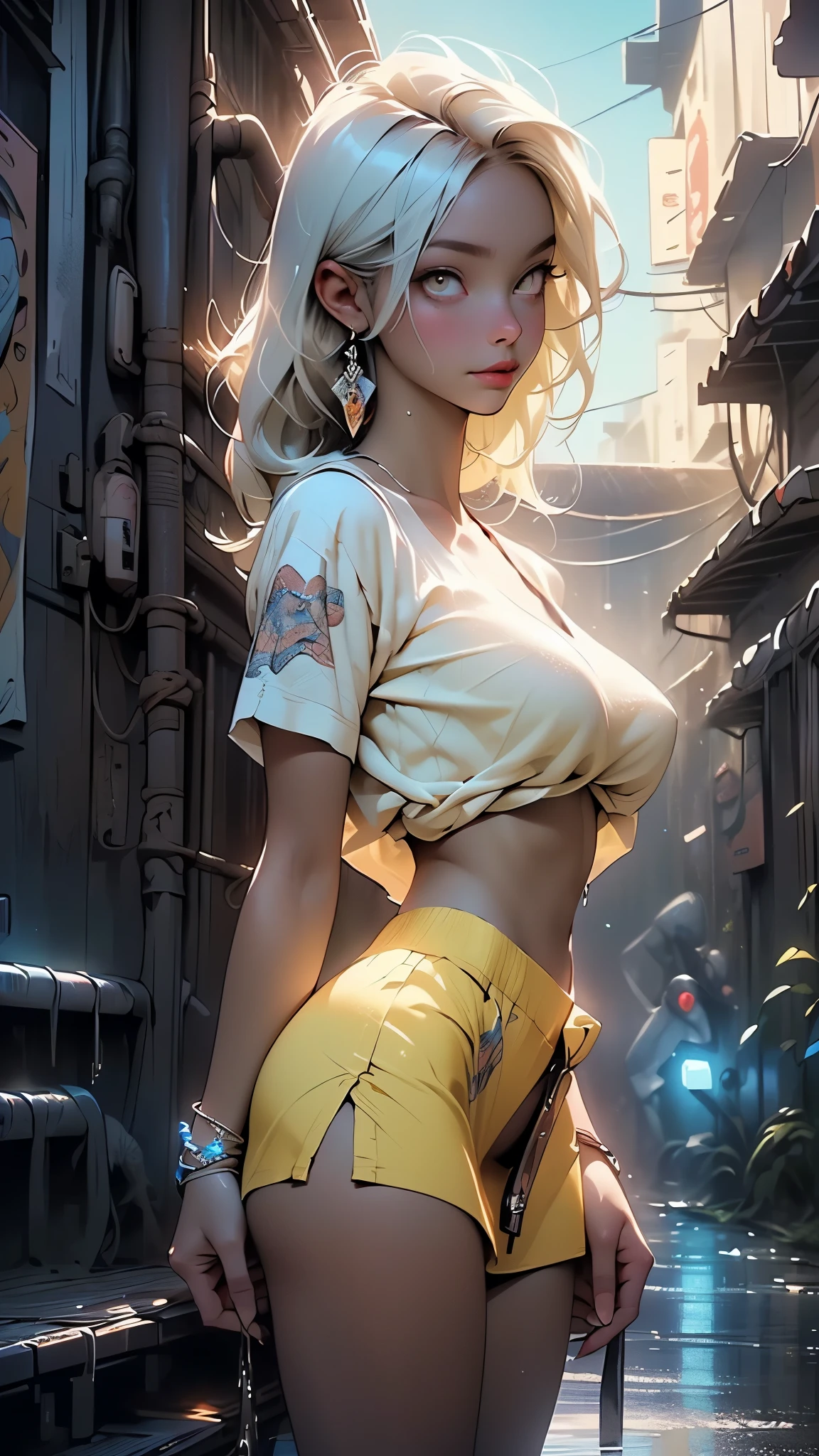 ((Best Quality)), ((Masterpiece)), (Detail: 1.4), 3D, 8k high, complex, elegant, highly detailed, majestic, digital photography, denim lens, surrealist painting, broken glass, beating magic, (masterpiece, side light, Fine Beautiful Eyes: 1.2), HDR, Void 5 Energy Lightning Storm, Asian Girl, Black Eyes, Pale Skin, Delicate Face, White Hair, No Clothes, Wearing Rags and Transparent Clothes, Exposed Breasts, Nipples, Big Breasts, Big Breasts, Red Nipples, Bare Shoulders, Navel, Short Skirt, Rain, Beautiful, Facing the Audience, Facing the Camera, Upper Body,