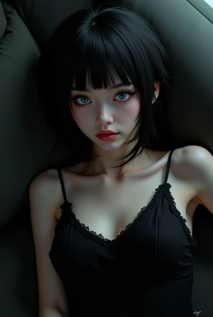 draw a girl with black long hair, dark green eyes, with a short straight fringe, with thin eyebrows and in a black transparent dress, a cross necklace around the neck. of European appearance, lying on the sofa, view from above, Feet visible