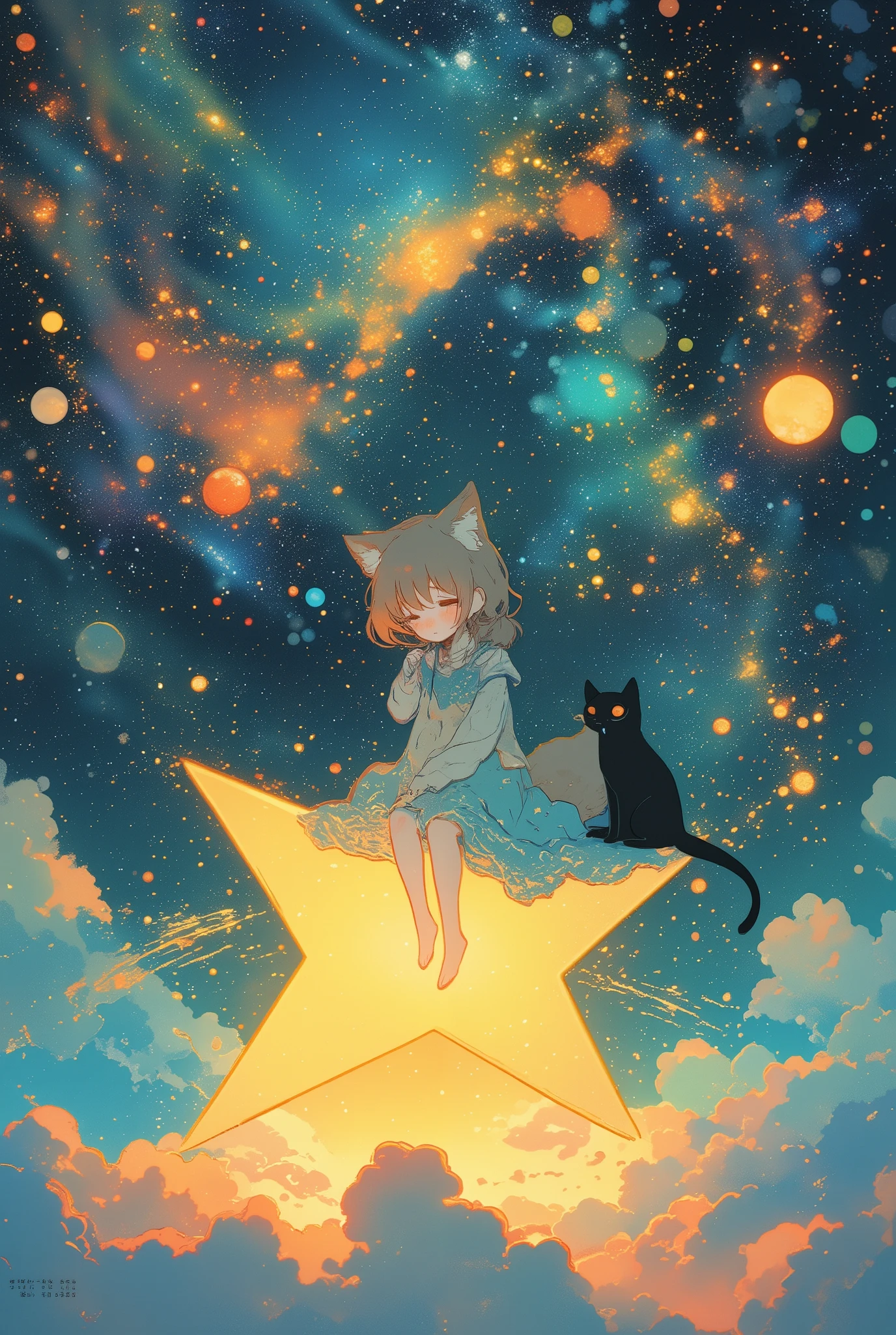   Pink and Blue Outer Space，fox Girl ,  Girl Sitting on a Star , Beautiful Illustration of Closing Planets and Stars  , A Sea of Clouds Below ,Illustration of  Girl Sitting on a Star  and a black cat ,Storybook illustration  inspired by Randolph Caldecott,   Simple Art ,  Detailed book illustration  ,   Wiping Away Tears ,   very detailed information  ,  Full-page illustrations  ,  Additional Details ,  Storybook illustration ,  haeckel and alasdair gray, Site Details  ,  Full color illustrations , Picture book illustration