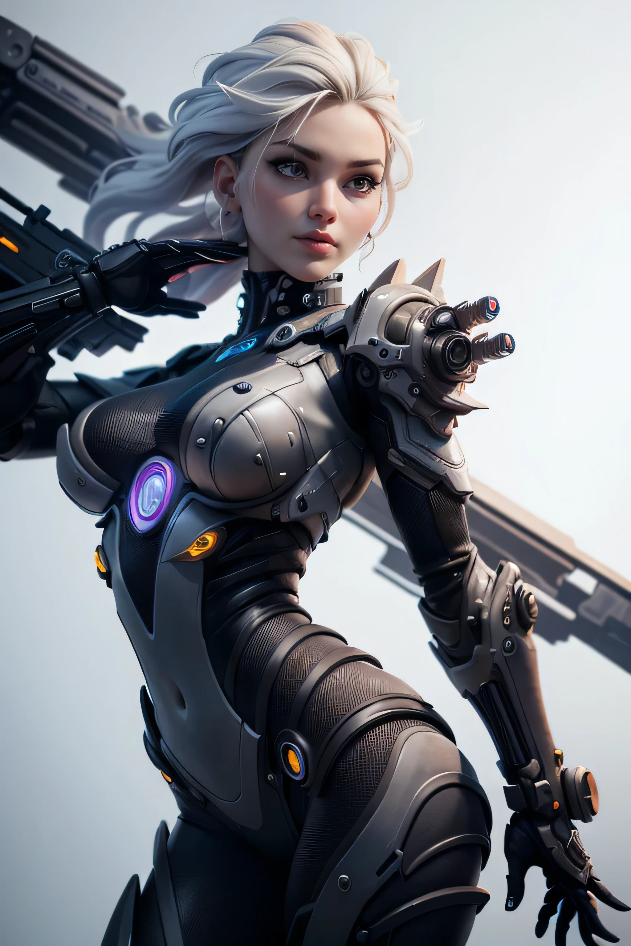 Woman futuristic costume , cyberpunk, magnificent anatomy , Dynamic Pose , face to the camera, gears and bolts , mechanical engineering , masterpiece , super detail, lyrics, composition epic character, natural lighting , sharp focus, ultra resolution , plain white background , without patterns, No textures.