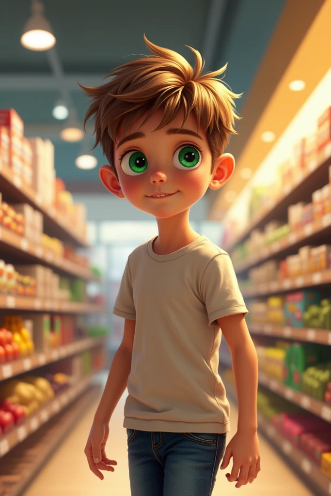 A boy with green eyes and light brown hair in a supermarket Greek boy with green eyes