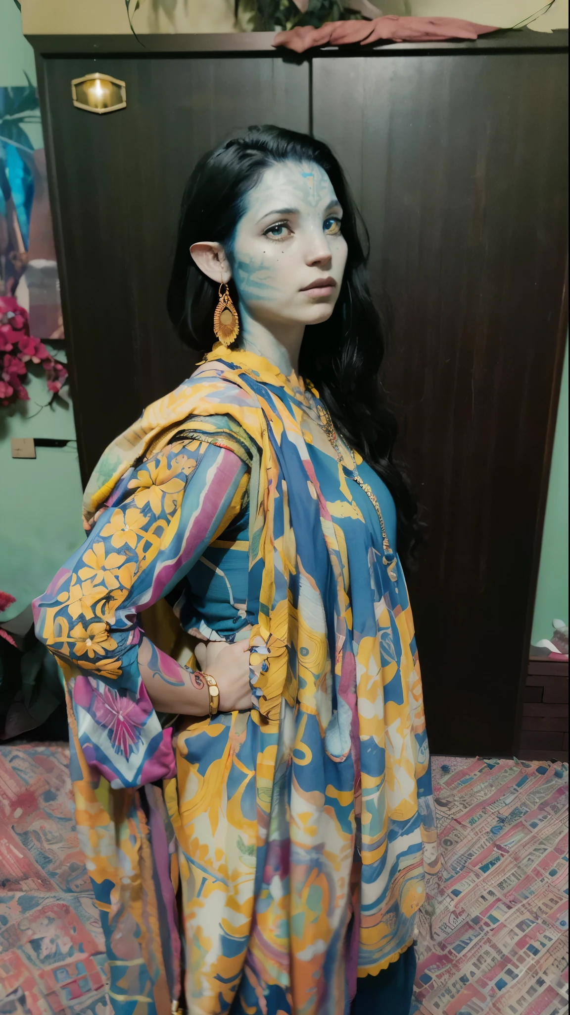 (masterpiece, best quality, high quality), RAW photo, (good body, good proportion, good anatomy, good fingers, good hands), detailed skin, detailed face, blue skin:1.2, pointy ears, Neytiri, avatar \(movie\), bracelet, yellow eyes:1.4, jewelry, portrait, forest, jungle, clouds, fog, floating island, (full tribal clothing, depth of field photo of (sks woman:1), tribal clothing, 