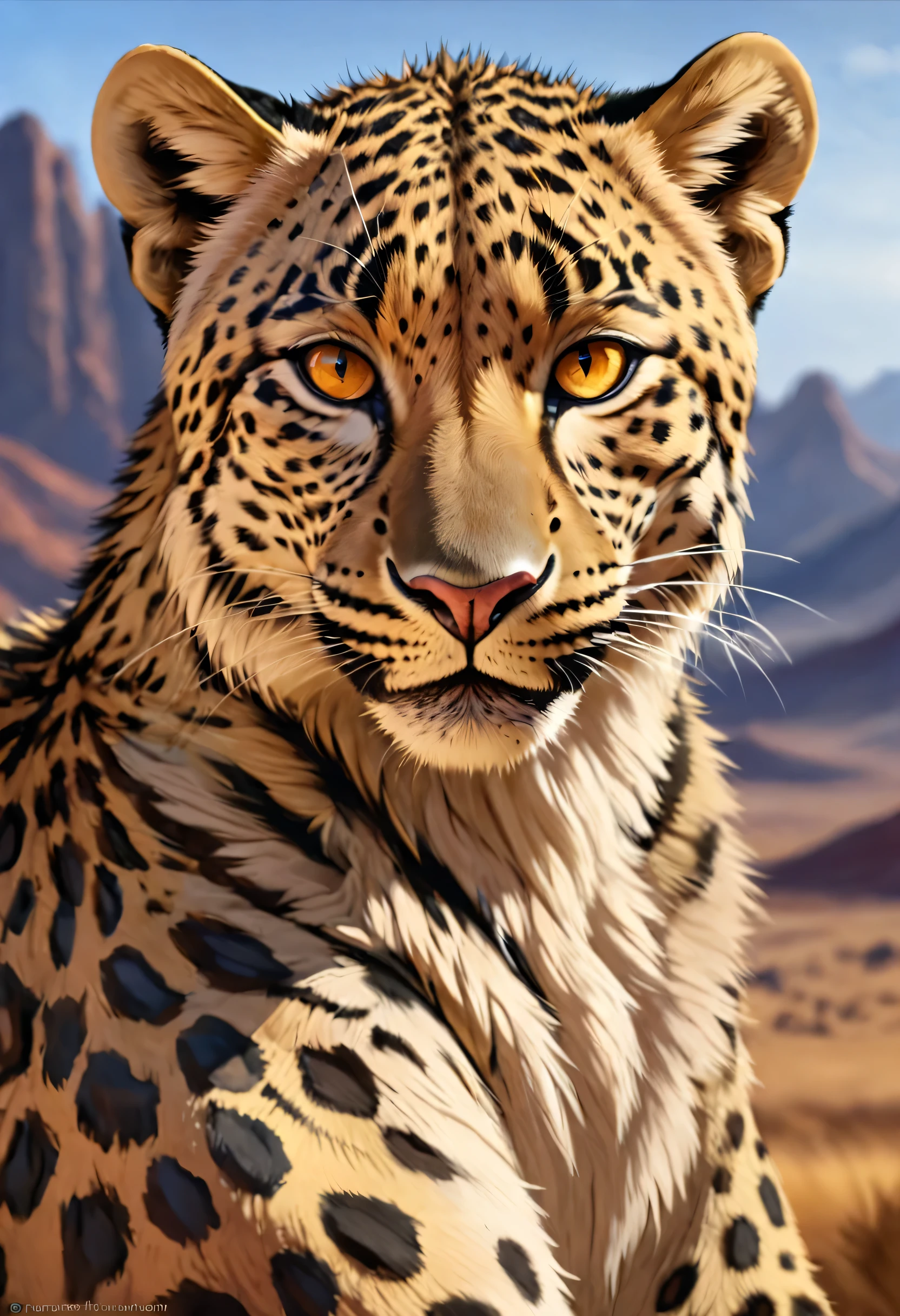 “Authentic African leopard. Golden fur with distinctive black rosettes. Old, wrinkled, ancient, decrepit. Deep amber eyes. Wise face. Official Art – An Award-Winning Digital Masterpiece In 4K Ultra HD, Extreme Detail And Intricate Realism. Symmetrical face. This bright and colorful concept art brought to life by the hands of artists like Wlop & Artgerm in a stunning 2D vector illustration. Background is a panoramic vista.”