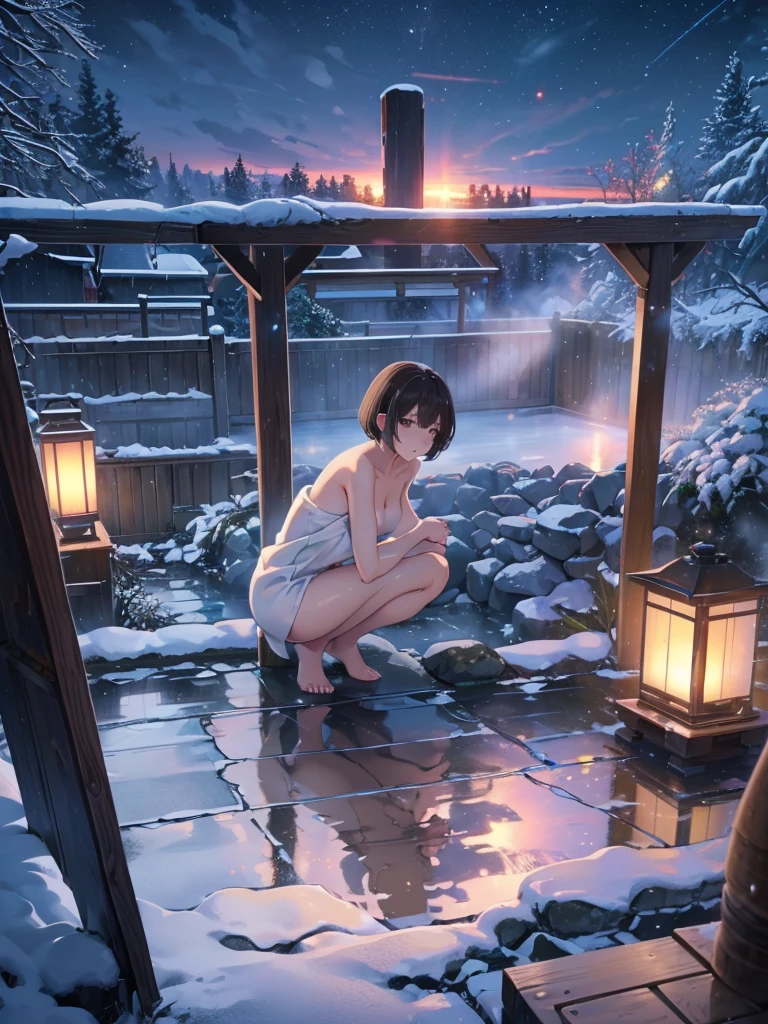 open-air bath, onsen, night, snow, long-focus, 1girl, back, master piece, best quality, ultra-detailed