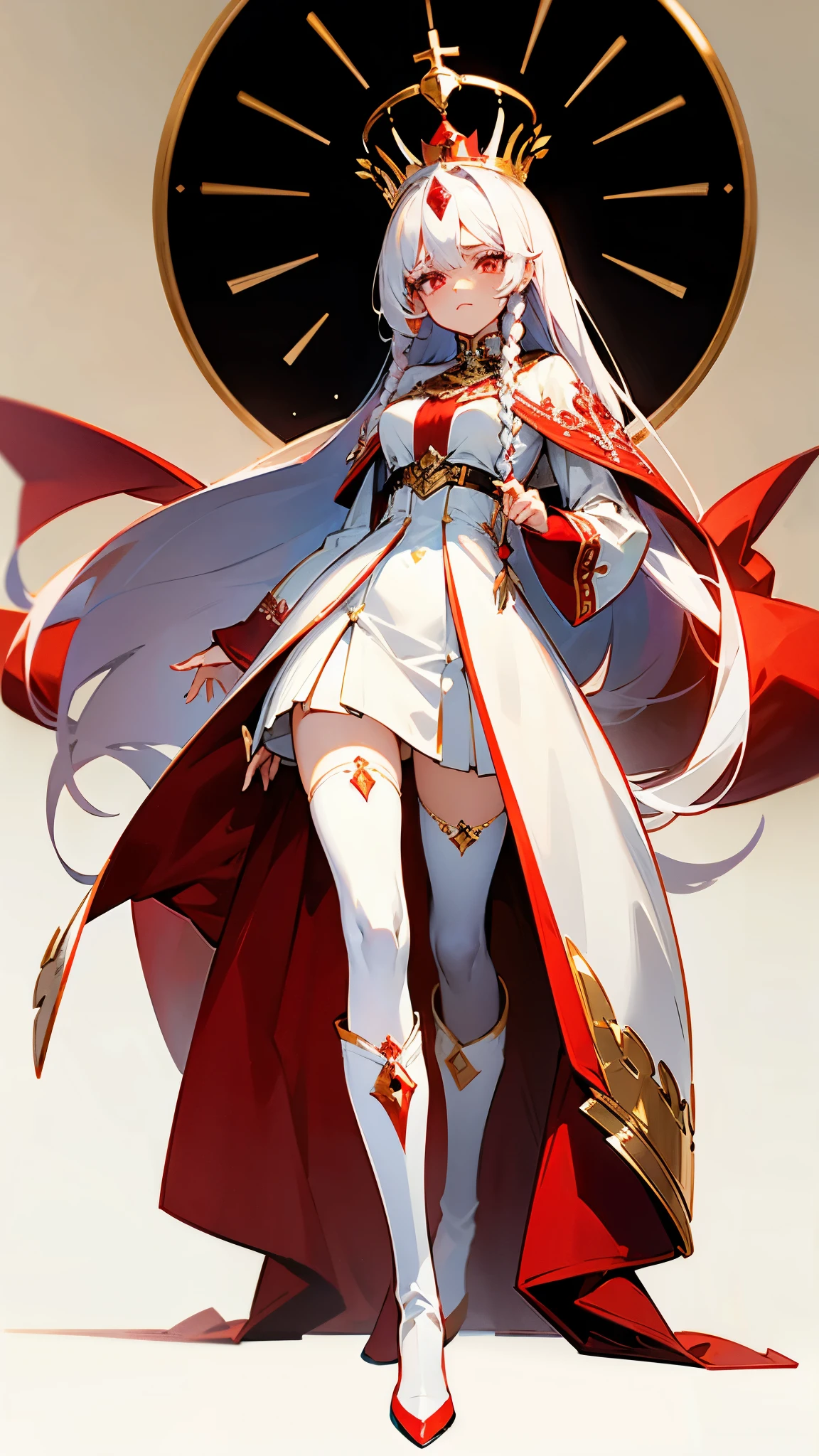 best quality, super fine, 16k, incredibly absurdres, extremely detailed, delicate and dynamic, cool beauty and cute female swordsman, big holy sword, red hooded long coat with gold embroidery, hood up, white pants, long boots, black messy hair and hair between eye