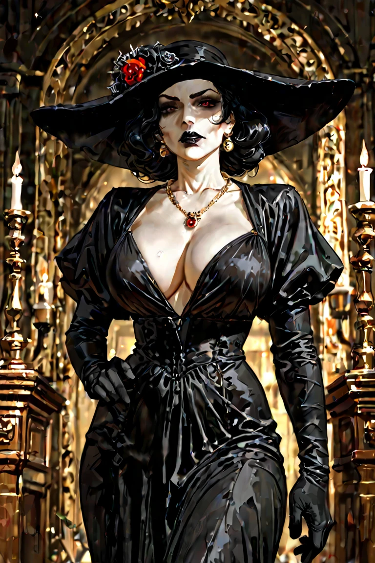 Wide format, landscape. Solo. Lady Dimitrescu from Resident Evil Village, vampire. Big black hat. Long white dress, low cleavage, low neckline down to the thighs. Huge breasts. Black curly hair. Black eyes. Red lipstick. Dark interior, fireplace.