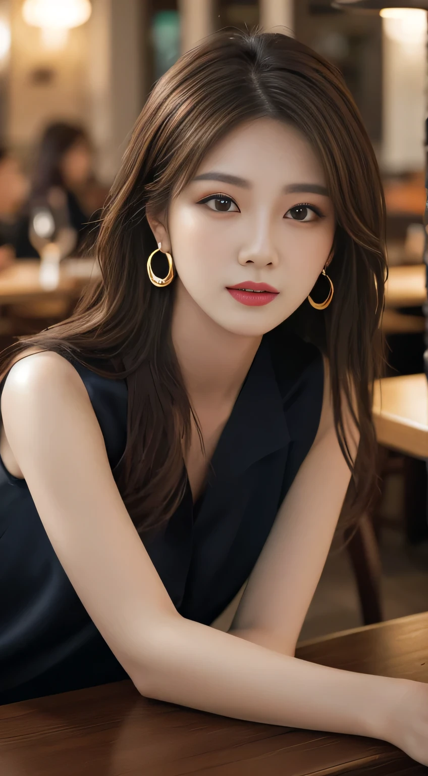 masterpiece, highest quality, Realistic, Very detailed, Finer details, High resolution, 8k wallpaper, One beautiful woman, Wear a black see-through shirt, In a great restaurant, At night, Light brown messy hair, Perfect dynamic composition, Beautiful and beautiful eyes、Big earrings、Sleeveless shirt、