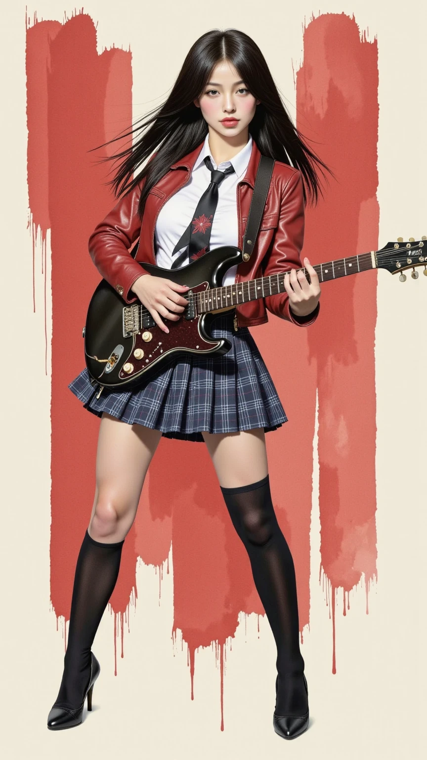 A alluring female playing a guitar, black hair, direct gaze, charismatic, red leather jacket, white collared shirt, blue plaid pleated skirt, school tie, black thigh high sock, stiletto, cleavage, small breasts, thighs, standing, legs slightly apart, full body, dynamic angle, red brush strokes background, ink art piece, dark, moody, poster, minimalistic, drkfnts style