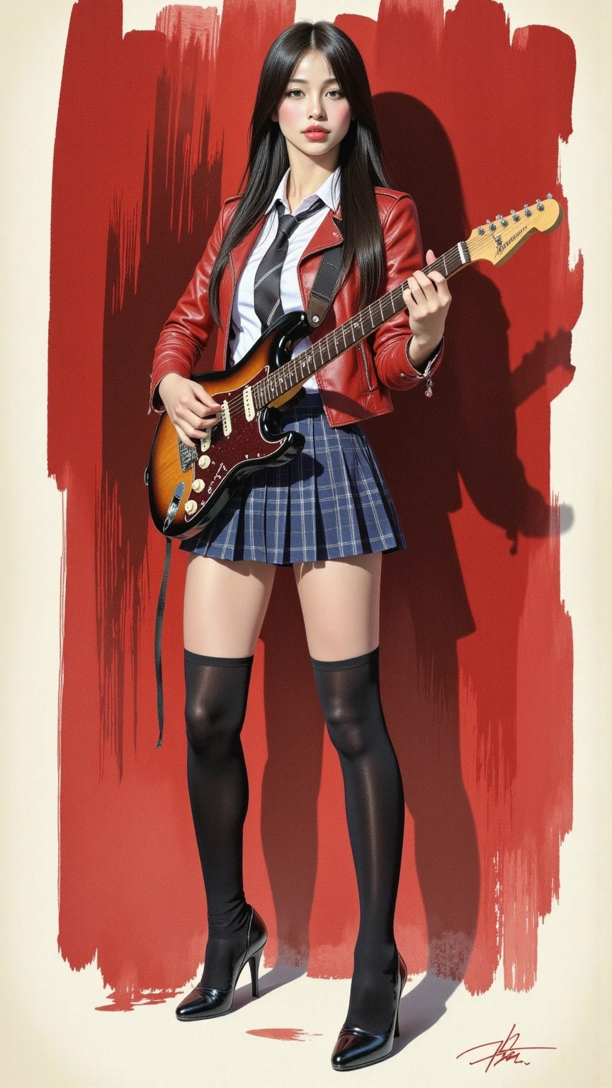 A alluring female playing a guitar, black hair, direct gaze, charismatic, red leather jacket, white collared shirt, blue plaid pleated skirt, school tie, black thigh high sock, stiletto, cleavage, small breasts, thighs, standing, legs slightly apart, full body, dynamic angle, red brush strokes background, ink art piece, dark, moody, poster, minimalistic, drkfnts style