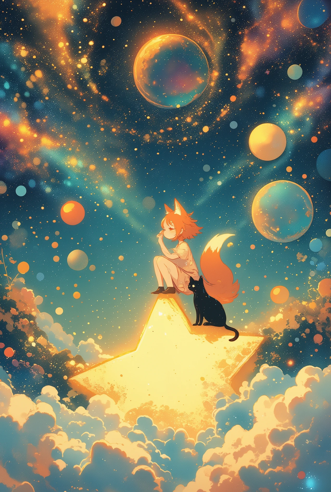 Pink and Blue Outer Space,fox Girl , Girl Sitting on a Star , Beautiful Illustration of Closing Planets and Stars , A Sea of Clouds Below ,Illustration of Girl Sitting on a Star and a black cat ,Storybook illustration inspired by Randolph Caldecott, Simple Art , Detailed book illustration , Wiping Away Tears , very detailed information , Full-page illustrations , Additional Details , Storybook illustration , haeckel and alasdair gray, Site Details , Full color illustrations , Picture book illustration