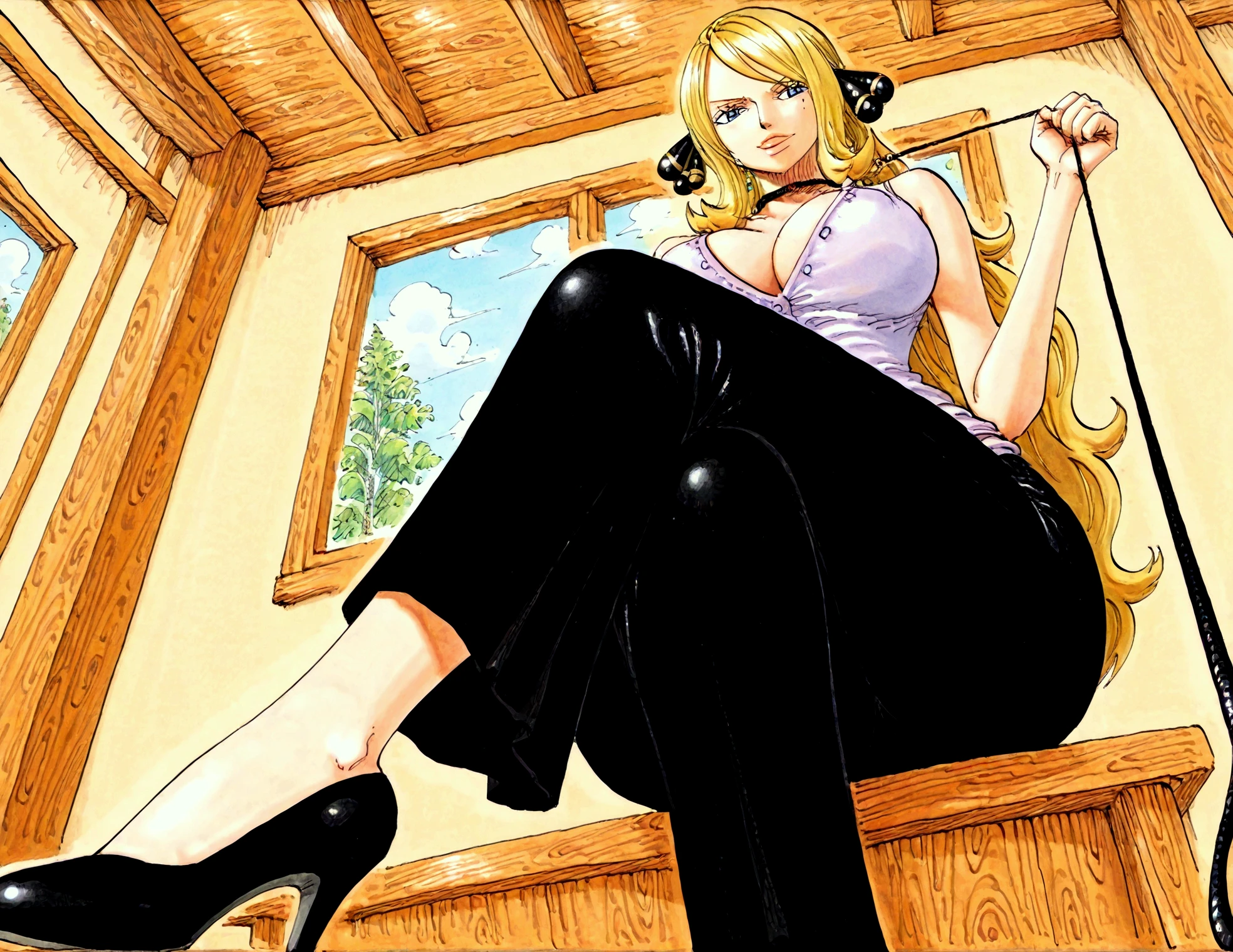 detailed background, score_9,score_8_up,score_7_up, toon style, Older woman, Mature female, motherly female, 40 year old milf, mole under eye, sexy lips, Huge breasts, Wide hips, taller woman, tall woman, tall size, Gargantuan butt, Thick thighs, Sensual woman, dominant woman, bare shoulders, black high heels, crossing her legs, pulling a leash, looking at viewer, low angle, in a dark bedroom, low angle, 1 girl, pale skin, blonde hair, grey eyes, Cynthia (Pokemon), easynegative, onepiecestyle, ARTRossetaXLP , cartoon, ARTSTYLE_OnePiece_MangaColored_ownwaifu