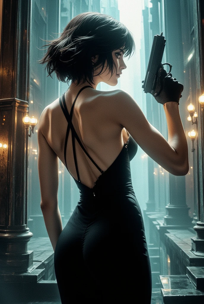 (masterpiece:1.2,EXCEPTIONAL QUALITY ,Mirror Finish , Cinematic Experience),8k,16k, wallpaper,( backless dress:2.0),( Female Assassin :2.0),( Black Dress with Empty Back :2.0),( and hold up your gun:2.0),(Nikita Style :2.0),( sexy:2.0),( back view:2.0),( Turn Around :2.0),(Short Hair:2.0),( beautiful women:2.0),(風に揺れる髪の毛)