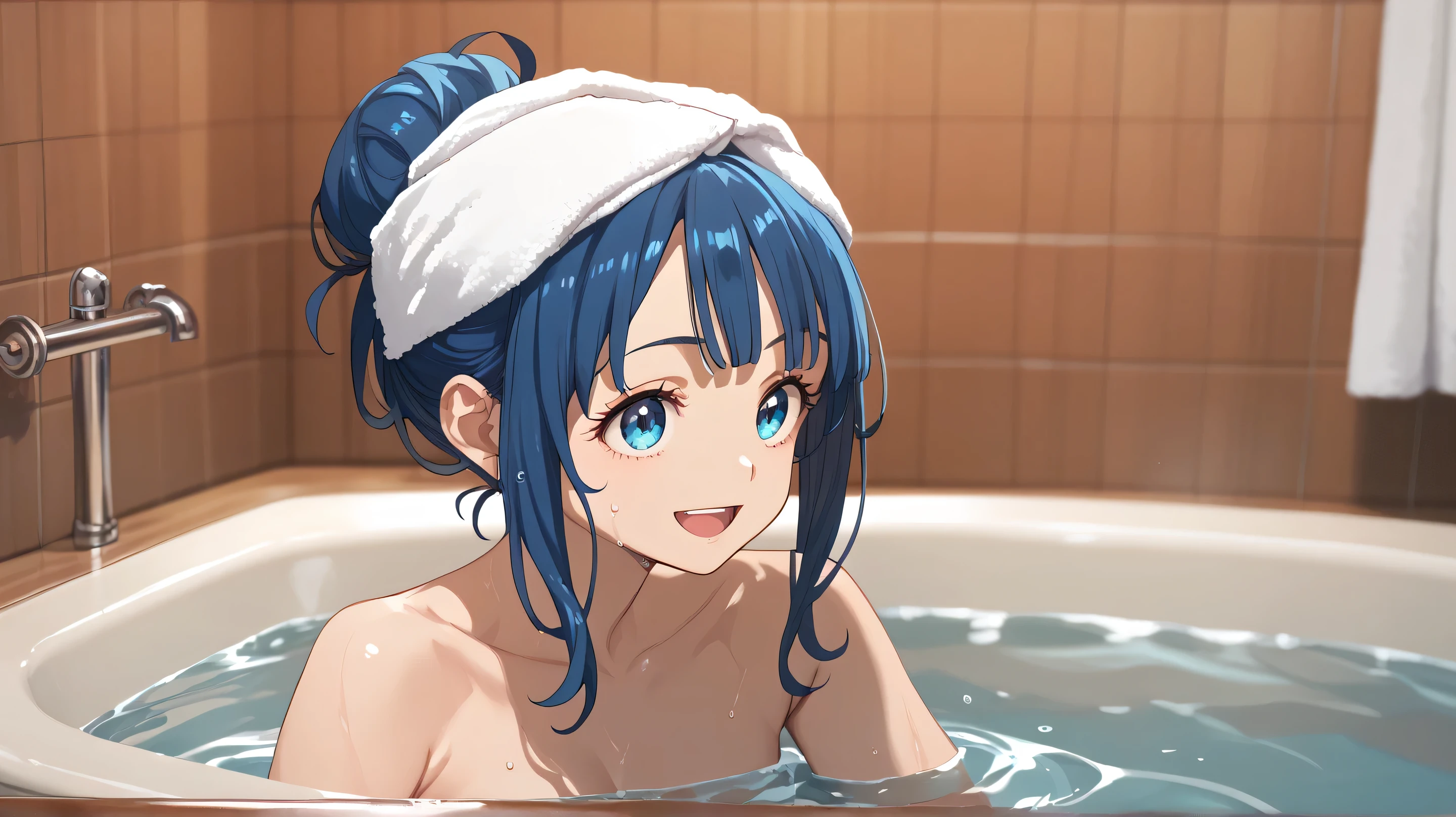 masterpiece,best quality,amazing quality, yanami anna, blue hair, blue eyes, 1girl, solo, open mouth, bath, bathtub, towel, hair bun, bathing, smile, water, towel on head