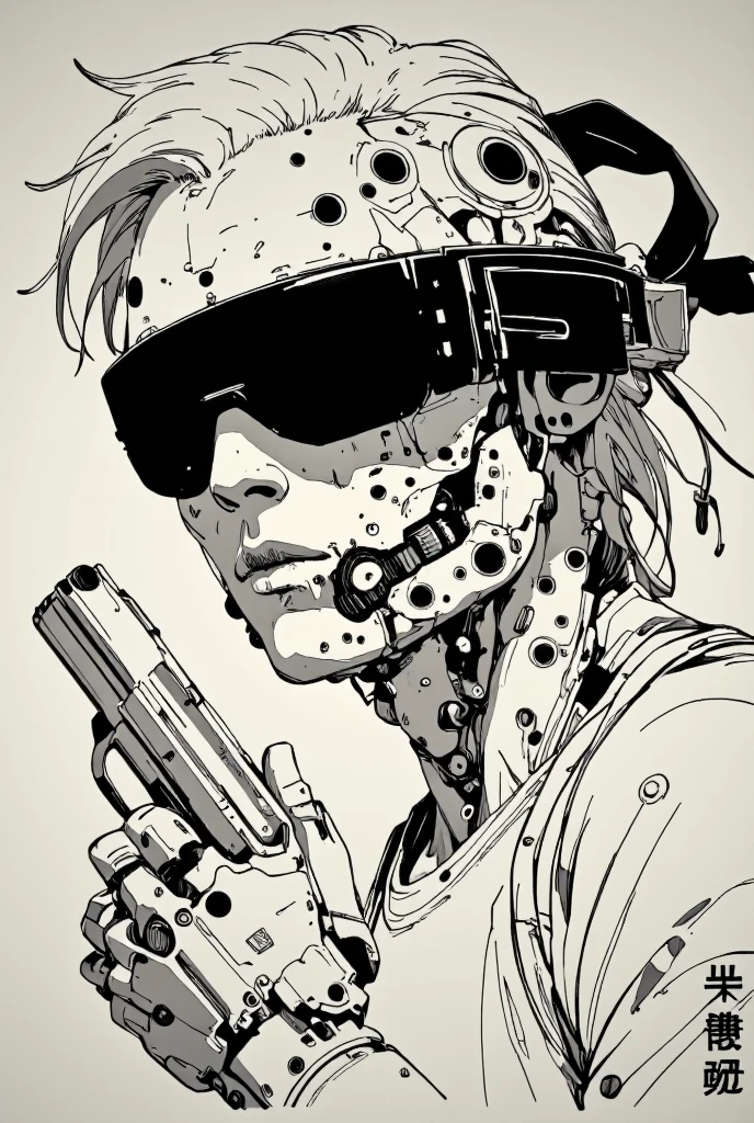 A close-up sketch of a cyberpunk man with a black blindfold, holding a pistol in his hand. Half of his face is mechanical, featuring intricate cybernetic details. The drawing is in a black and white rough manga style, inspired by Kentaro Miura and Sugimura Jihei, with sharp and expressive linework. The composition emphasizes the gun and the tension of the moment, reminiscent of the dynamic style seen in 'Black Lagoon' and 'Trigger' anime. The character has an intense expression, with the raw and detailed aesthetic of classic manga illustrations