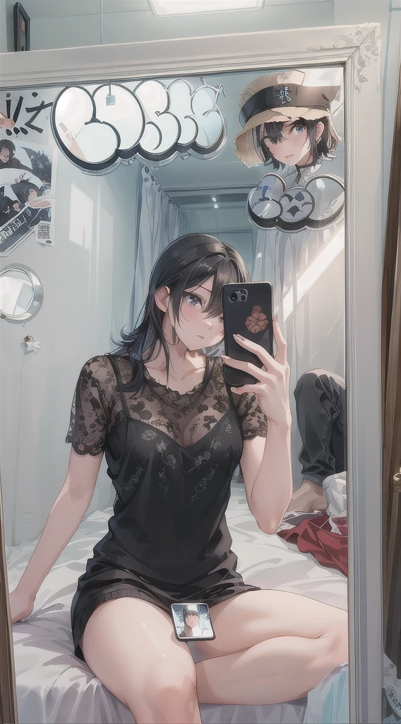 A boy halfway in transforming into a girl, scared look, black shirt, blue jeans, serounded by girls, in pain, dark brown hair